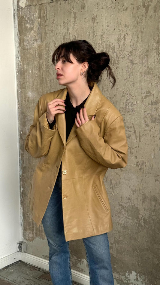 Vintage BUGATTI 90s Leather Blazer In Beige