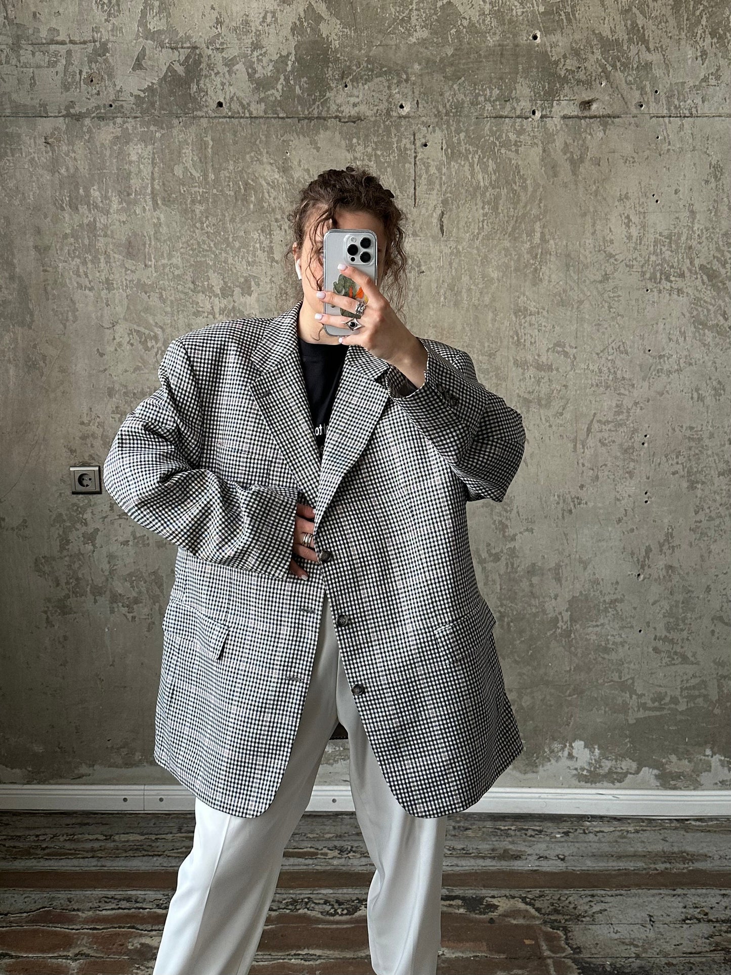 Vintage boyfriend check blazer in black and white, wool blazer