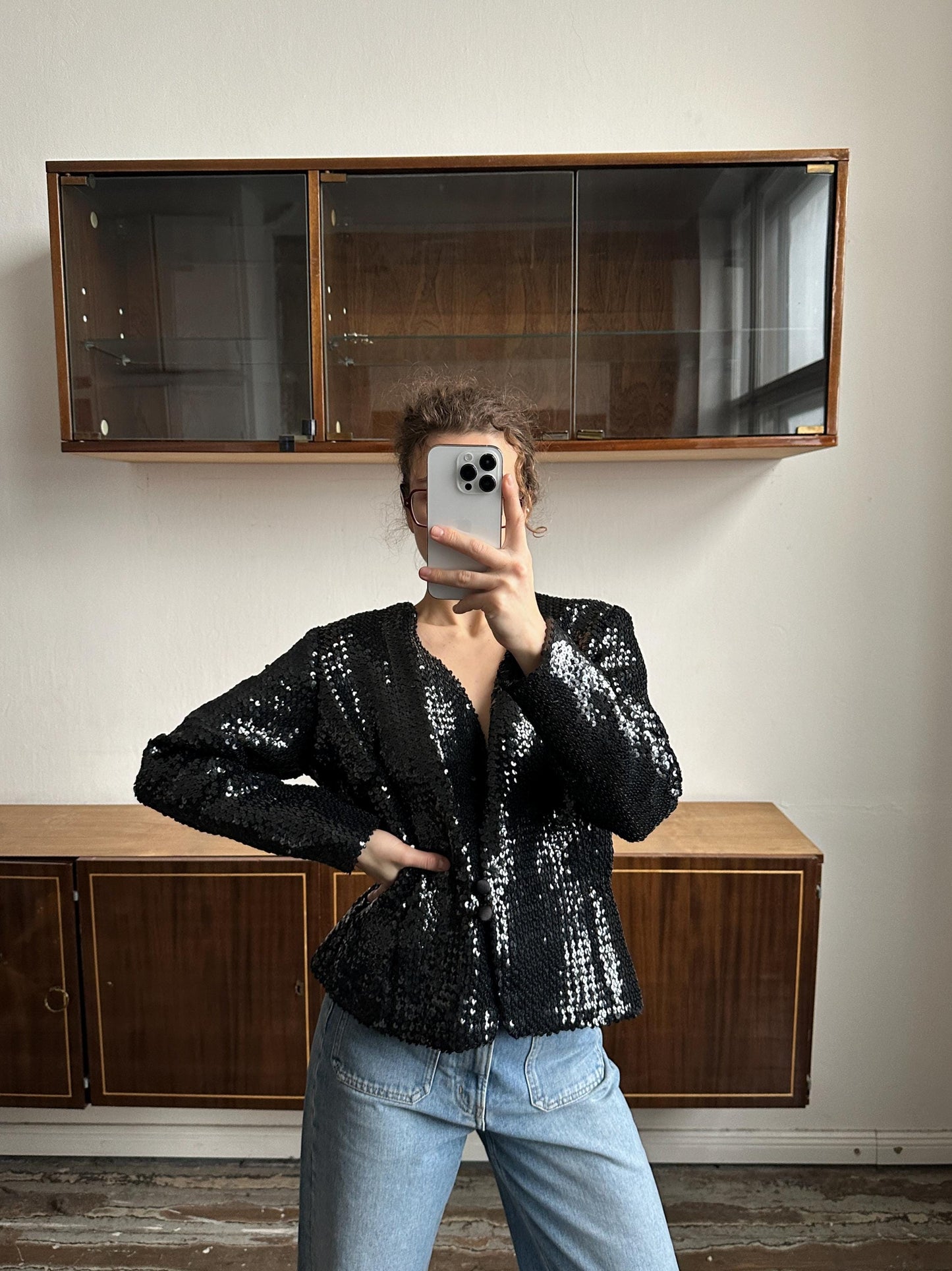 Vintage 90s Sparkle Sequin Party Evening Blazer In Black