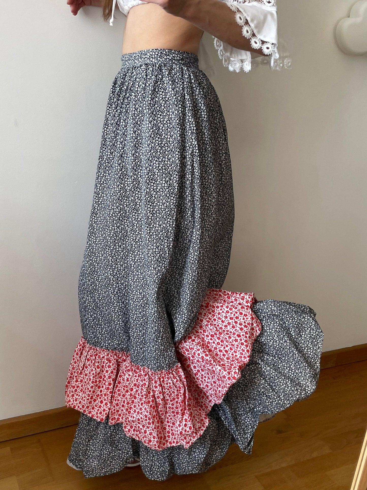Vintage loose linen skirt, traditional maxi skirt with flowers