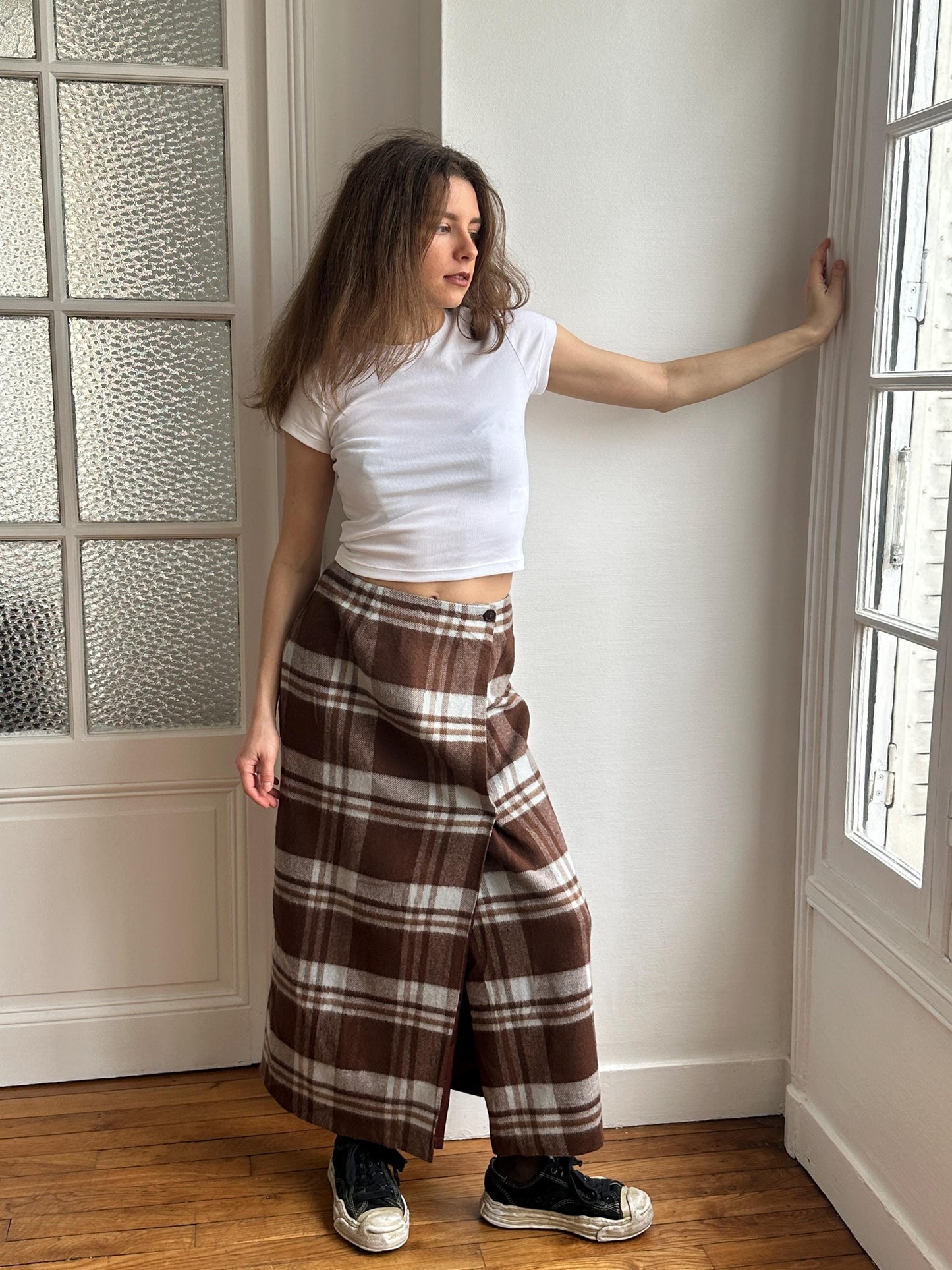 Vintage Plaid Wool Maxi Skirt in Brown