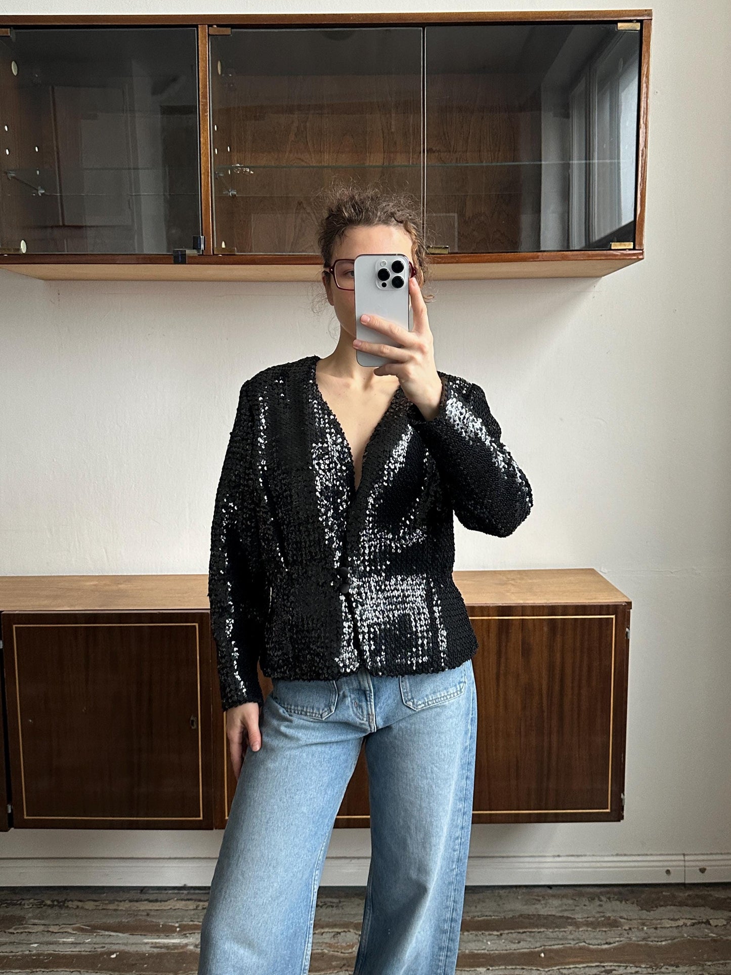 Vintage 90s Sparkle Sequin Party Evening Blazer In Black