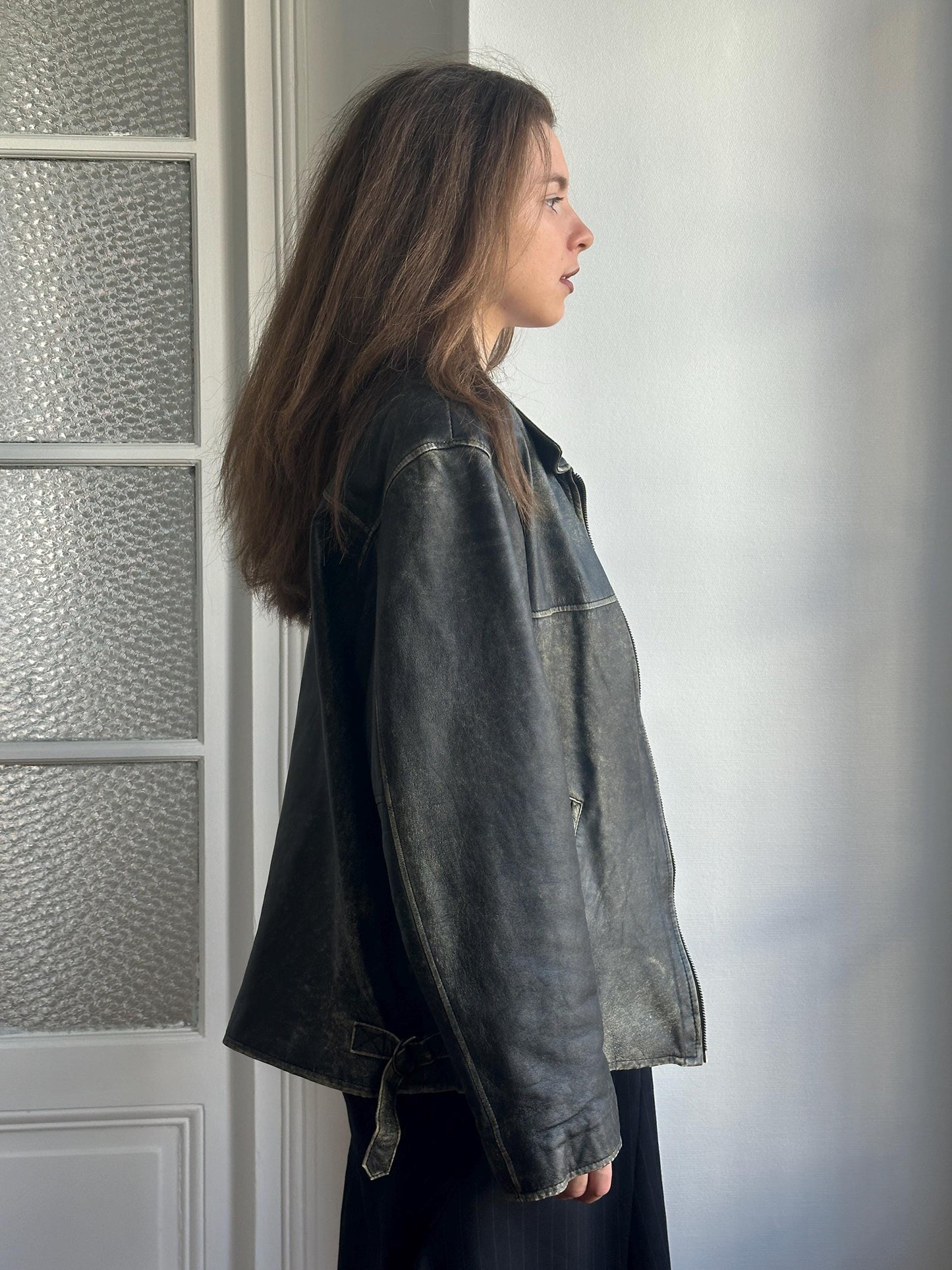 Vintage Distressed Leather Bomber Jacket in Black
