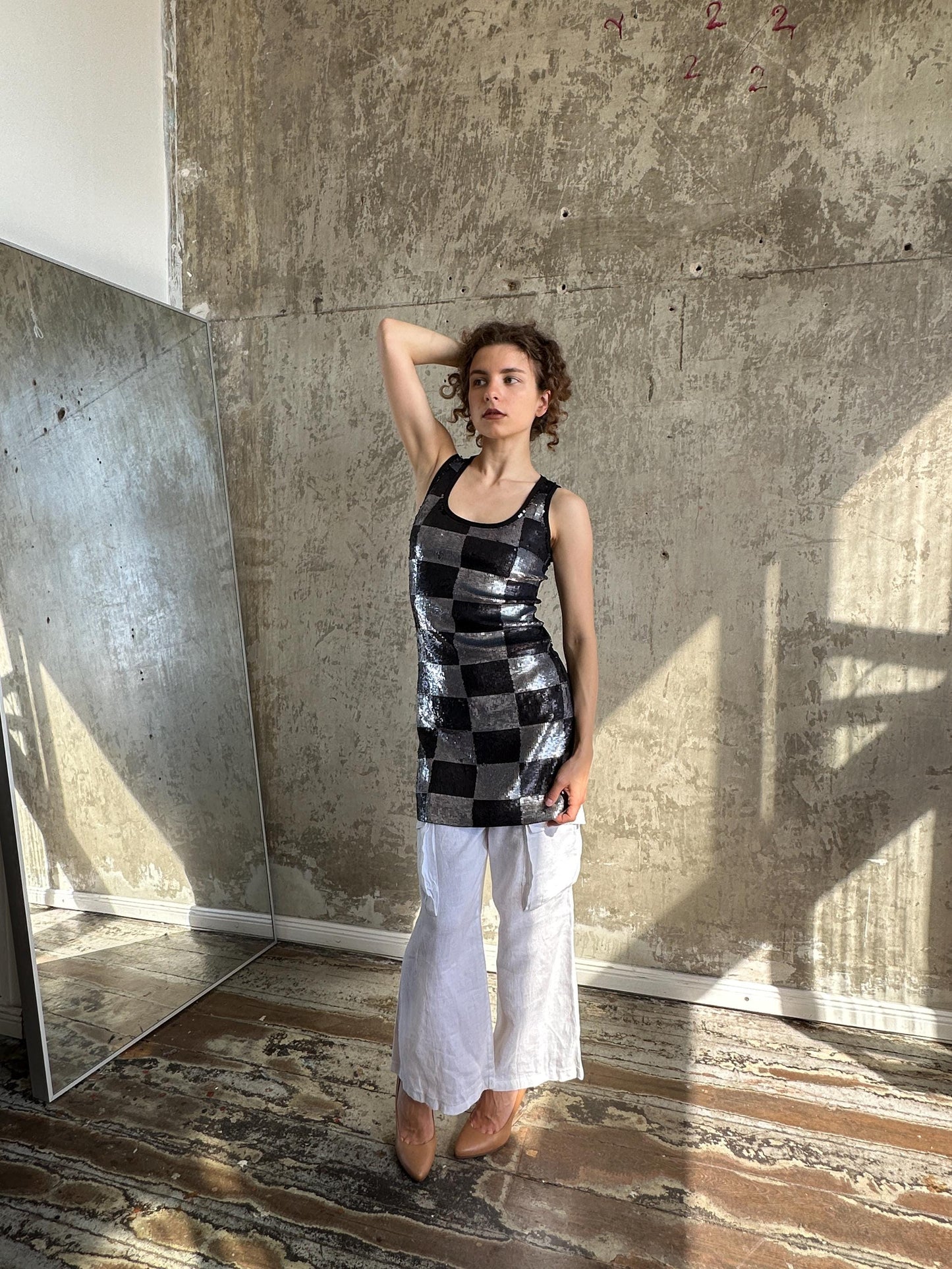 Vintage Silver Black Checkerboard Sequin Mini Dress