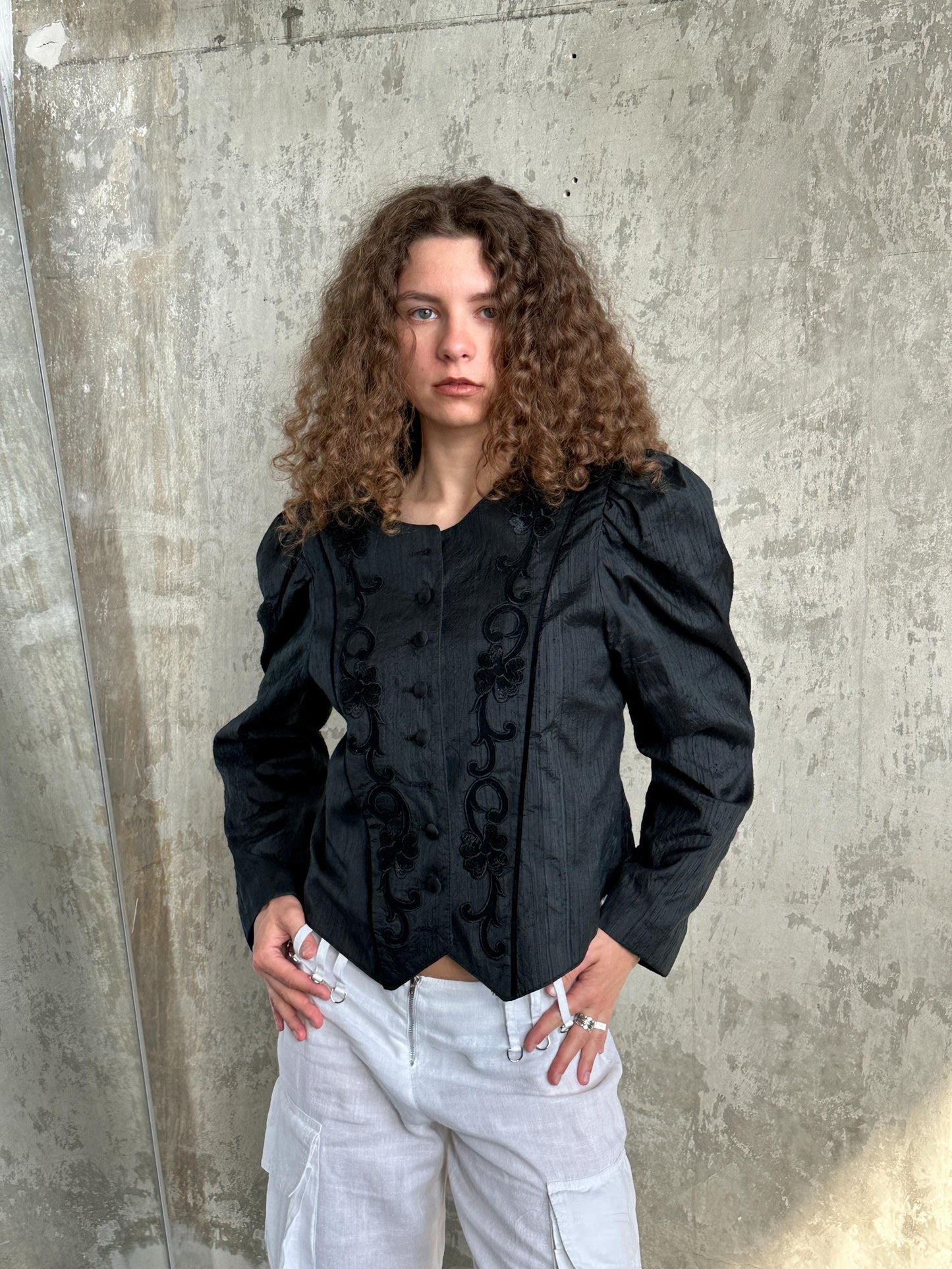 Vintage Victorian-Inspired Embroidered Blouse in Black