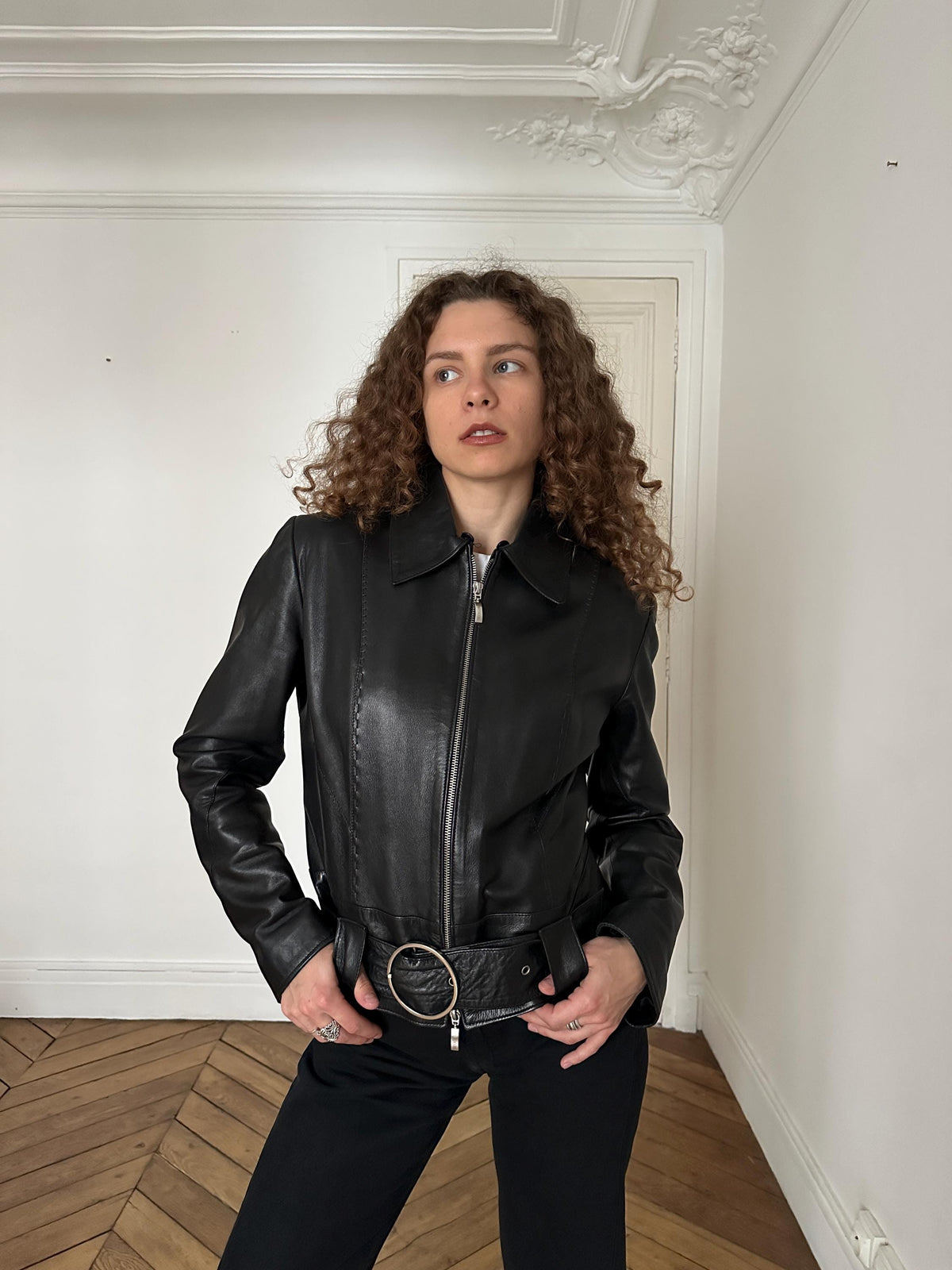 Vintage Genuine Leather Belted Jacket in Black with Ring Buckle