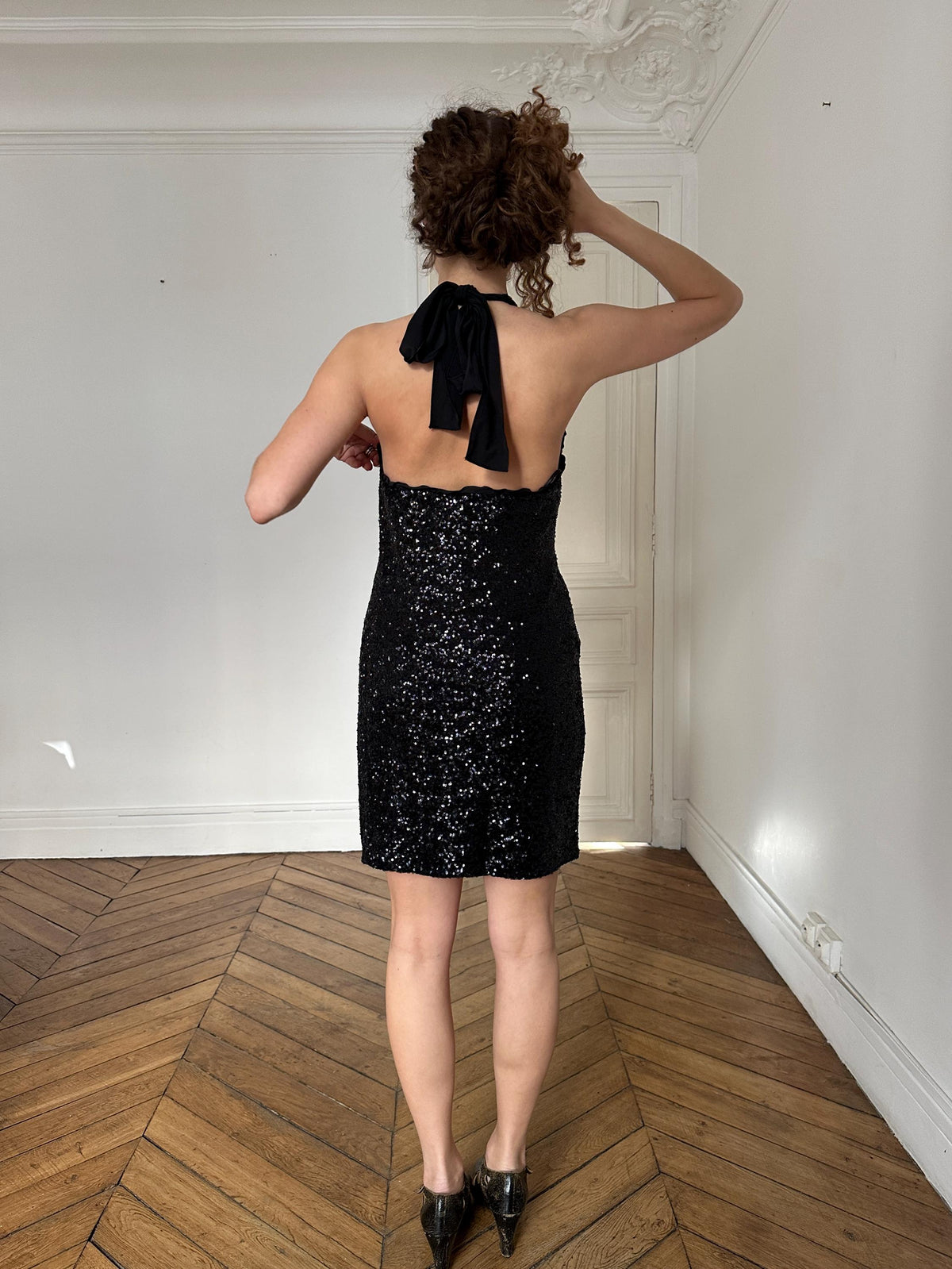 Vintage Moschino Cheap and Chic Black Sequin Open Back Party Dress I US 6