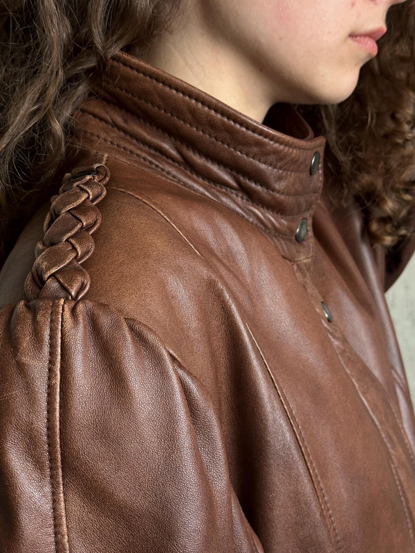 Vintage 80s button up leather jacket in brown