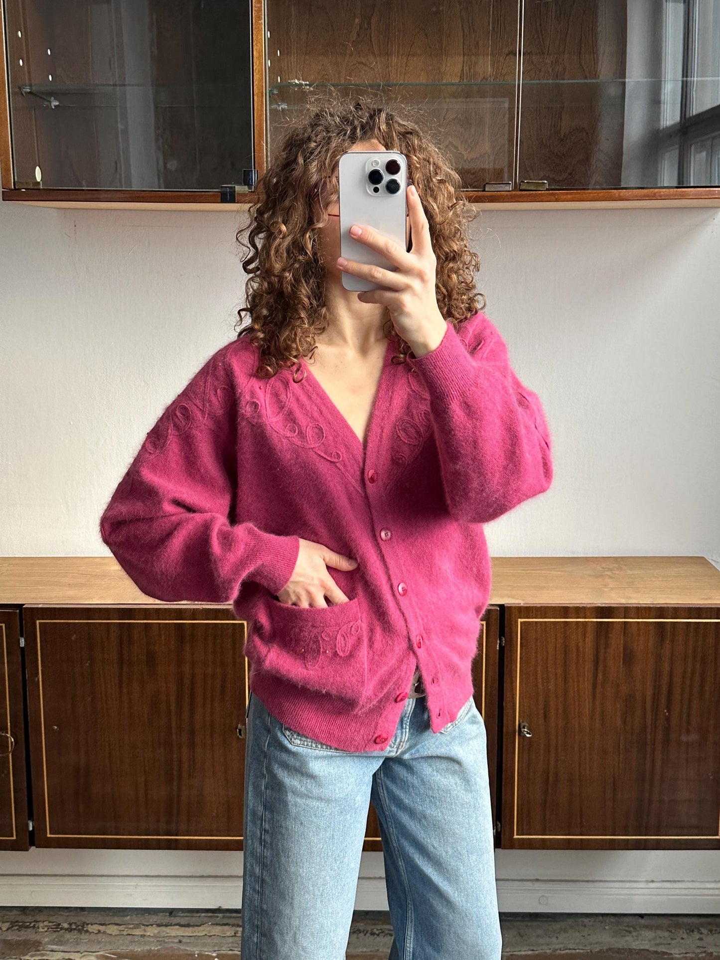 Vintage Angora Wool Embroidered Cardigan In Pink