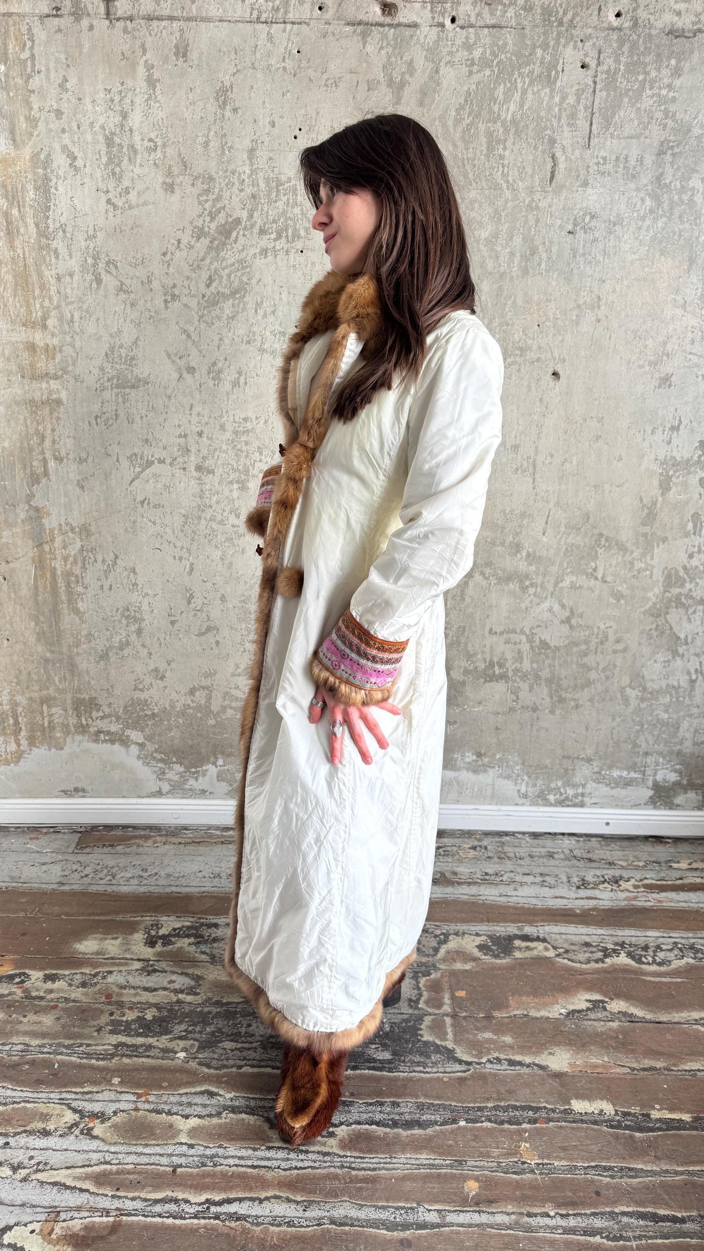 Vintage Ermanno Scervino Ivory Puffer Coat with Fur Trim