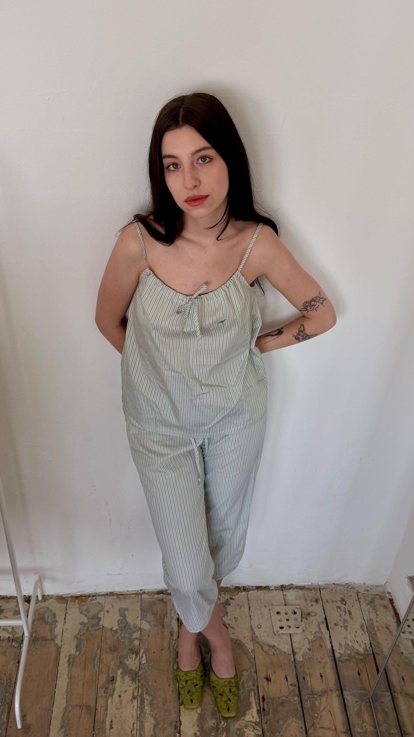 Vintage 90s striped pajama cotton top and trousers set in white