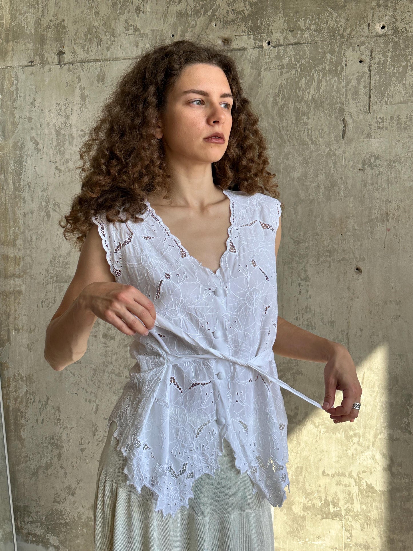 Vintage White Cotton Cutwork Floral Lace Top