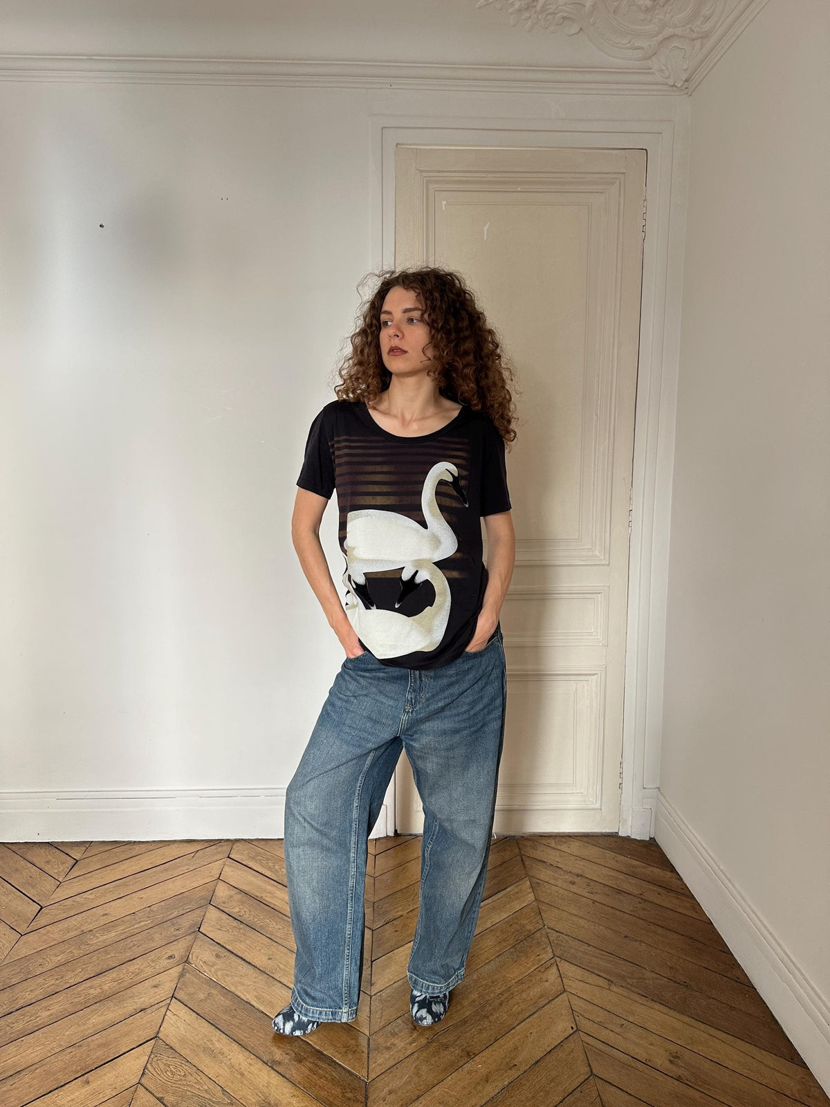 Vintage Sonia Rykiel Swan Print Cotton T-Shirt in Black