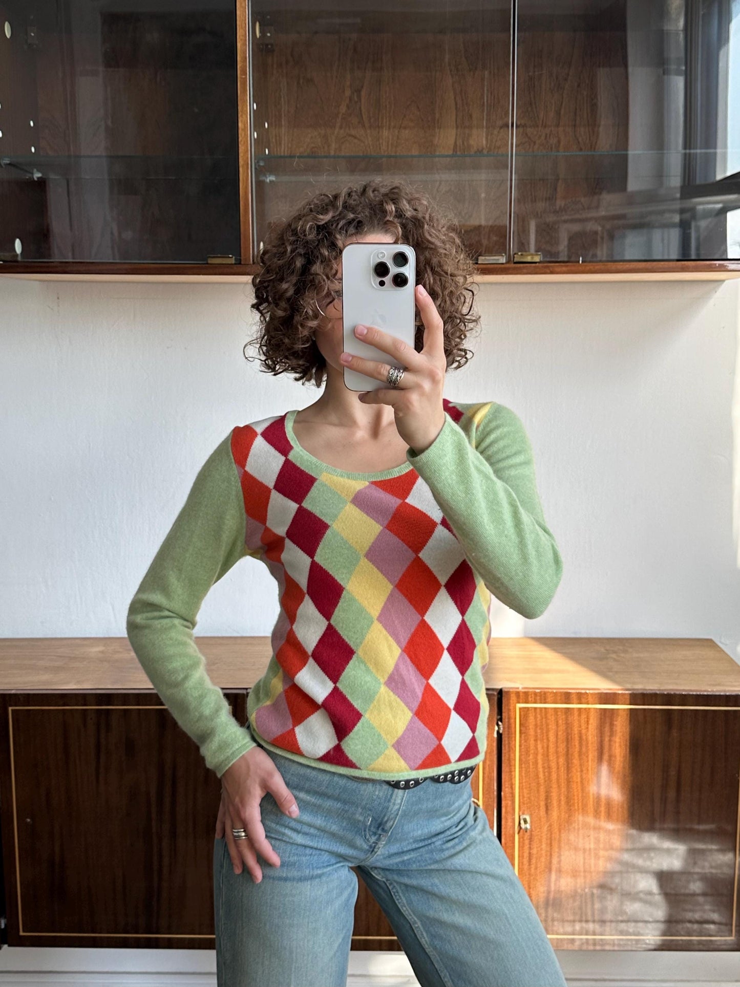 Vintage 90s argyle cashmere sweater in green, multicolor diamond sweater