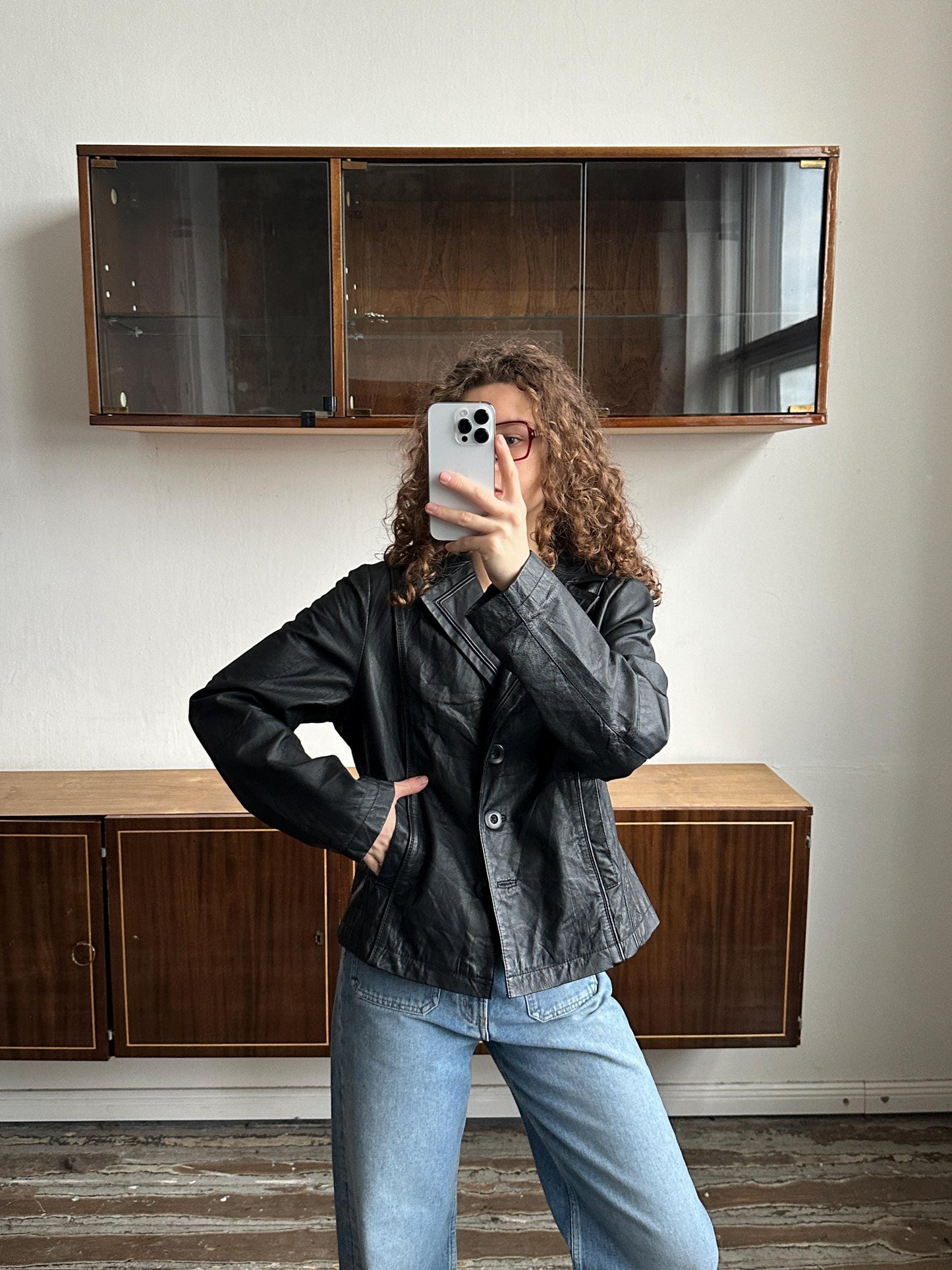 Vintage Oversized Leather Jacket In Black
