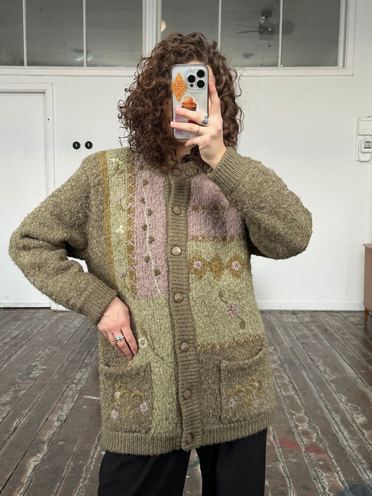 Vintage green wool and mohair cardigan, 80s ugly sweater