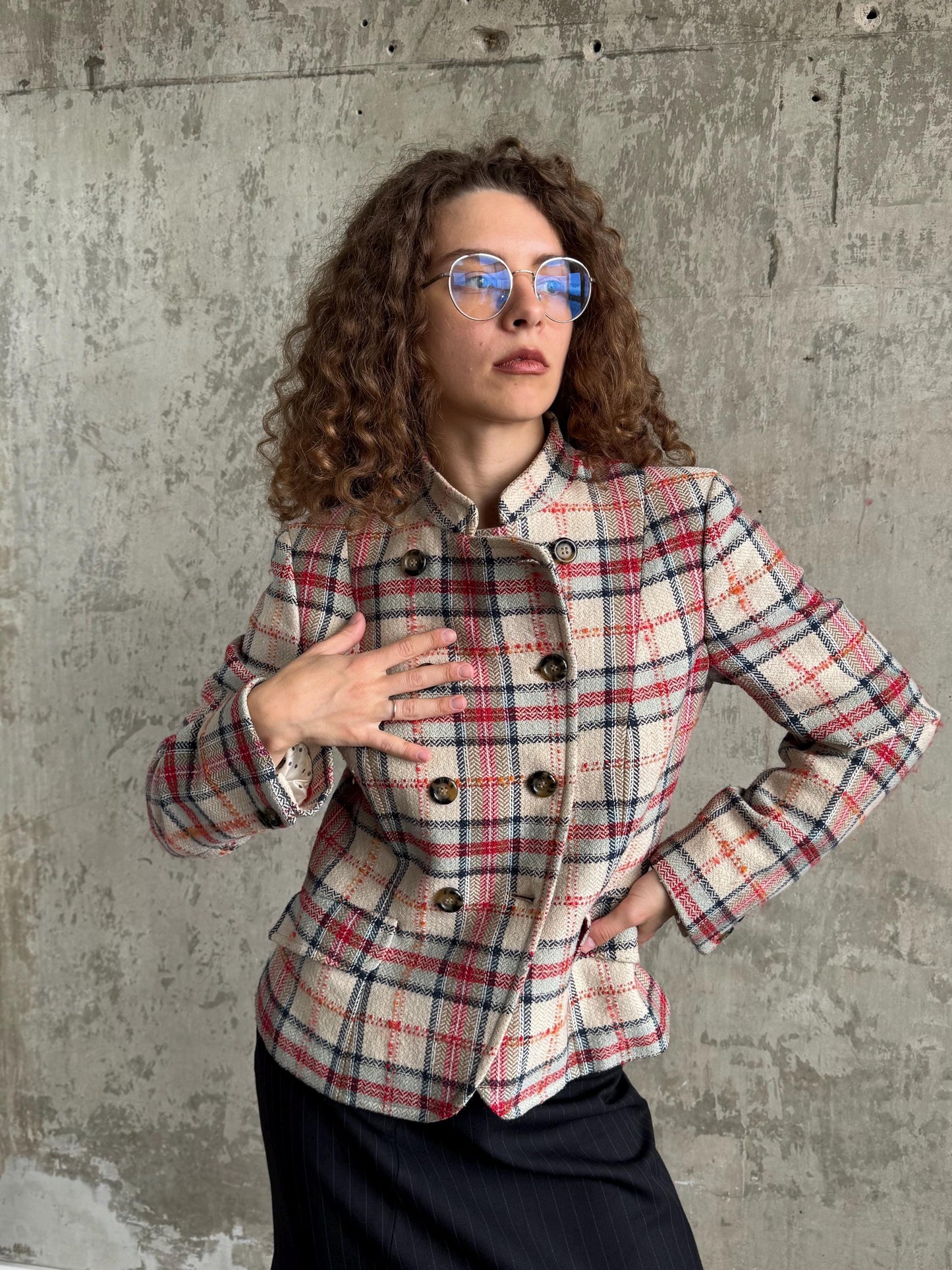 Vintage Weekend Max Mara Plaid Wool Blazer in Pink and Beige
