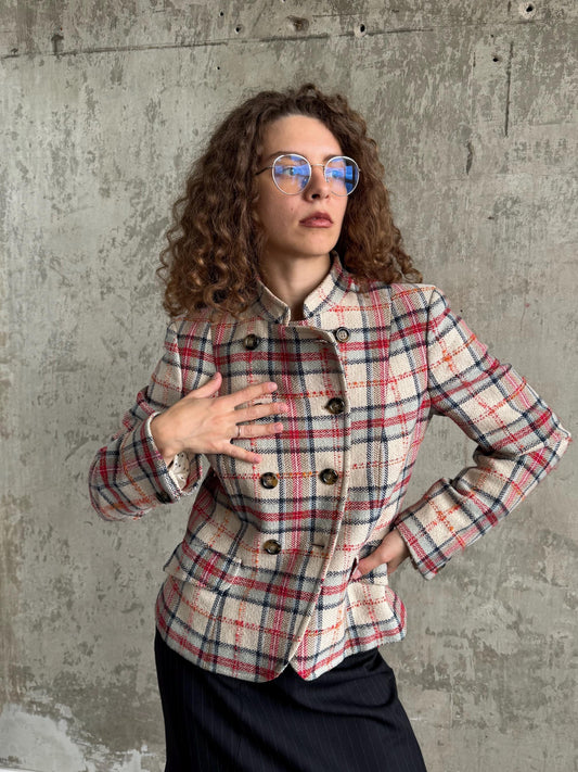Vintage Weekend Max Mara Plaid Wool Blazer in Pink and Beige
