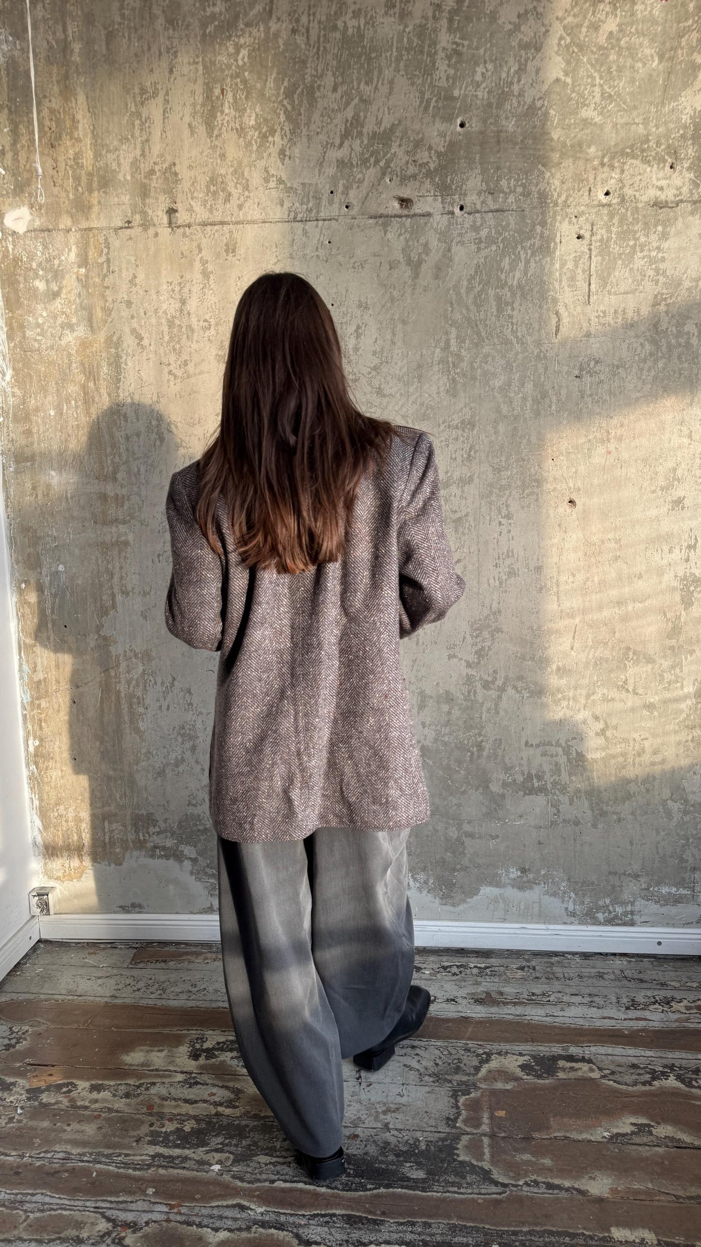 Vintage 90s Classic Herringbone Wool Blazer In Grey