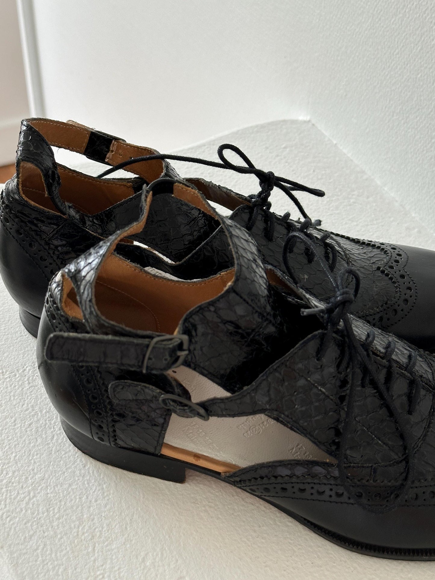Maison Margiela Line 22 Black Leather Cut-Out Brogue Oxford Sandal in Black I US 6.5