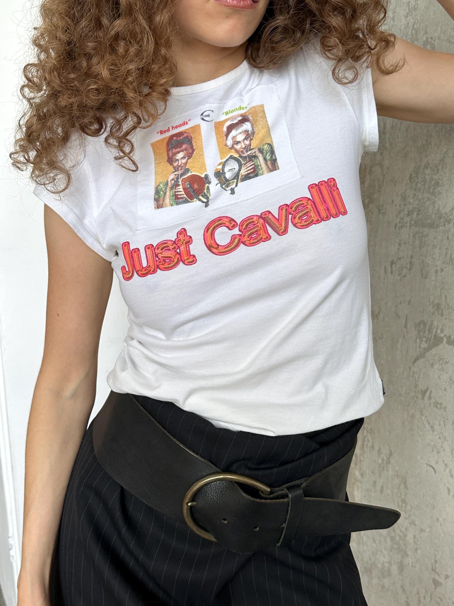 Vintage Just Cavalli White Graphic Baby Tee | Y2K Cotton Micro T-Shirt