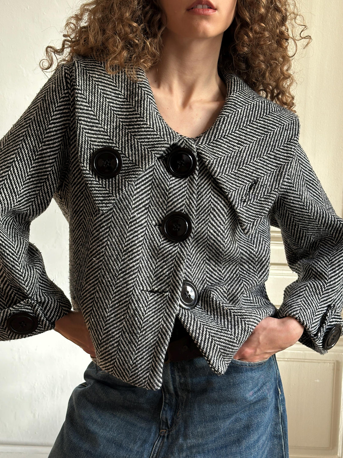 Vintage Cropped Coat with Large Collar in Black and White