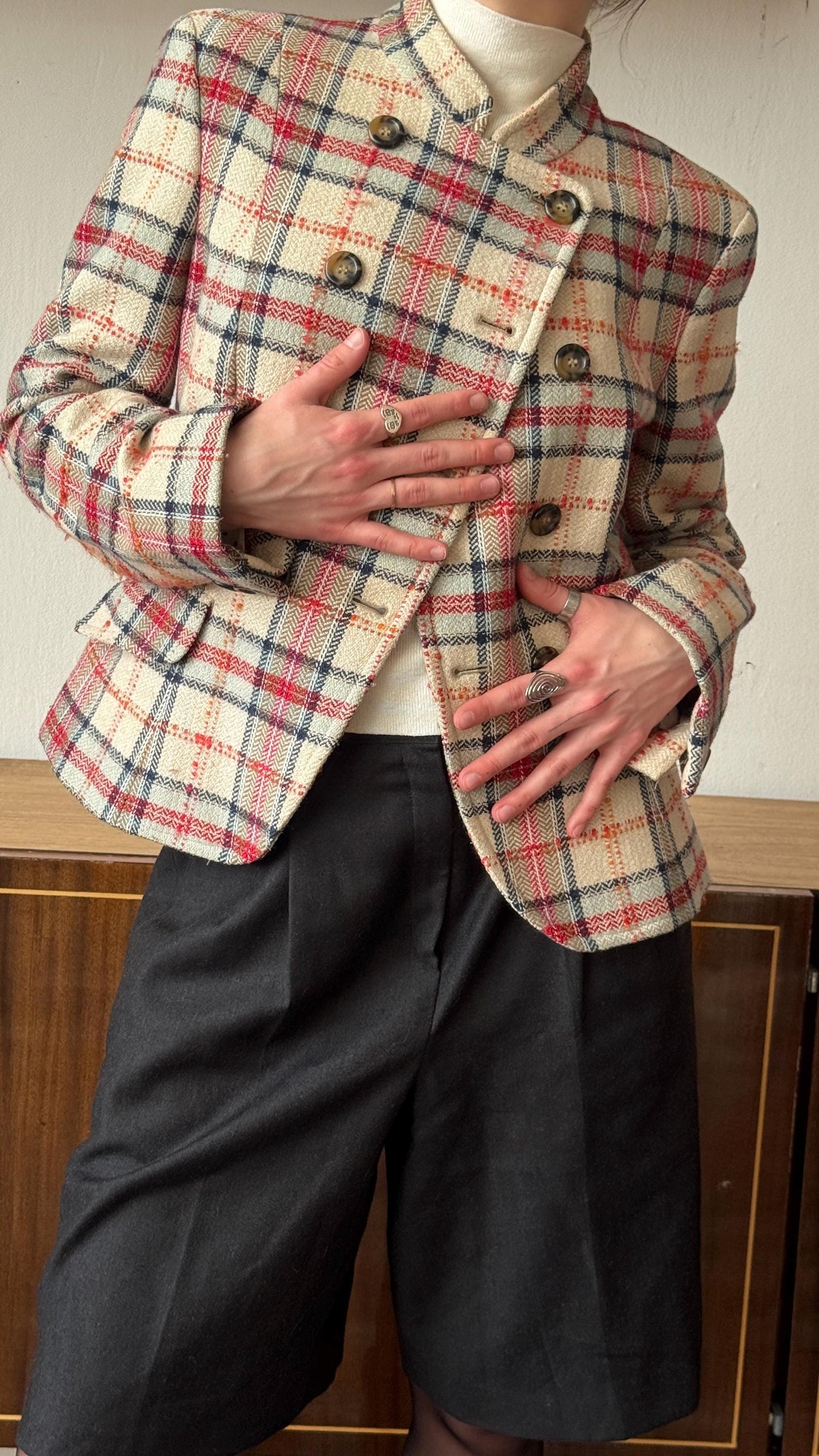 Vintage Weekend Max Mara Plaid Wool Blazer in Pink and Beige