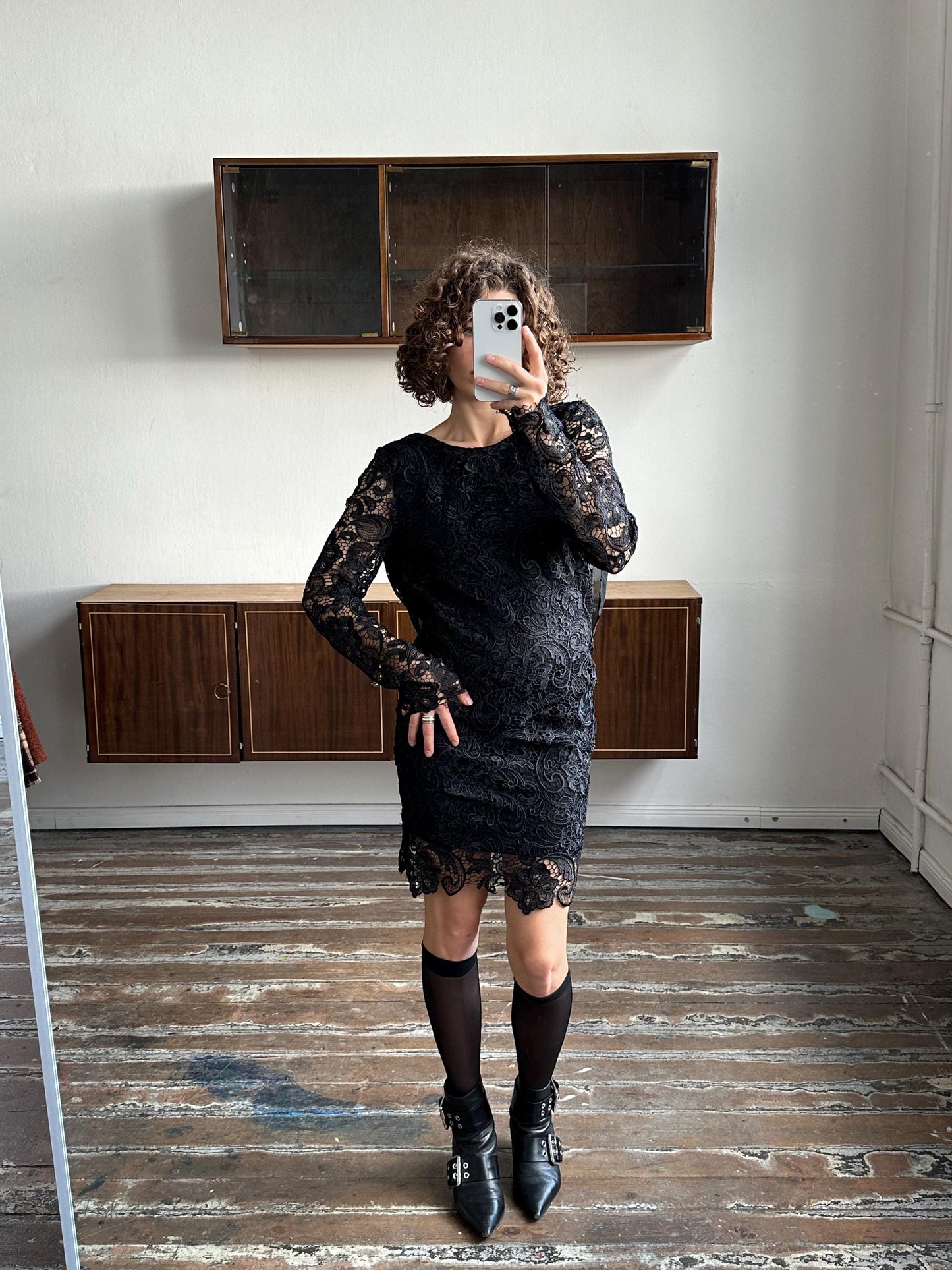 Vintage 90s long sleeve mini dress in black, lace slip dress