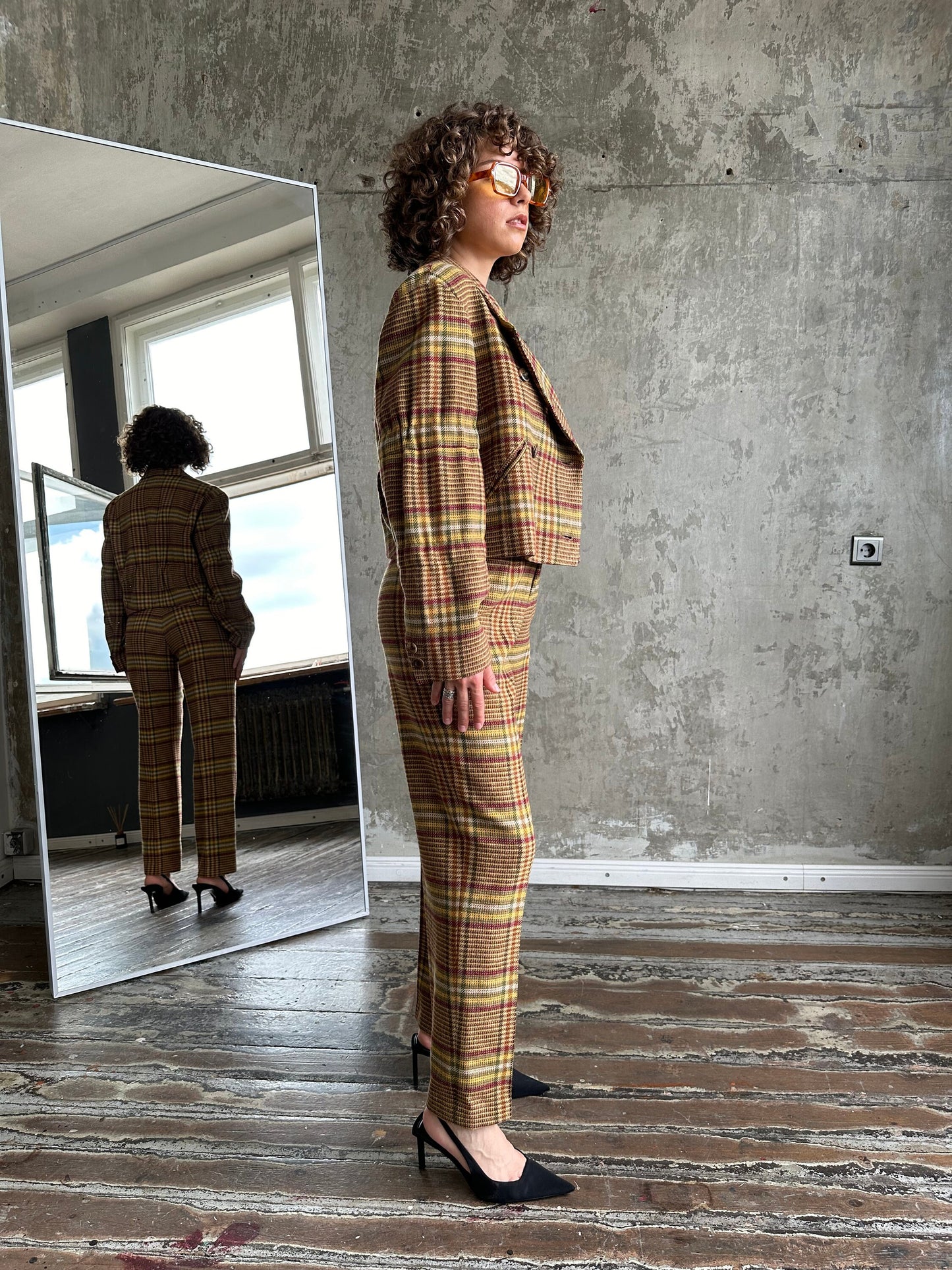 Archive 80s ISSEY MIYAKE SPORT wool check tweed suit in brown