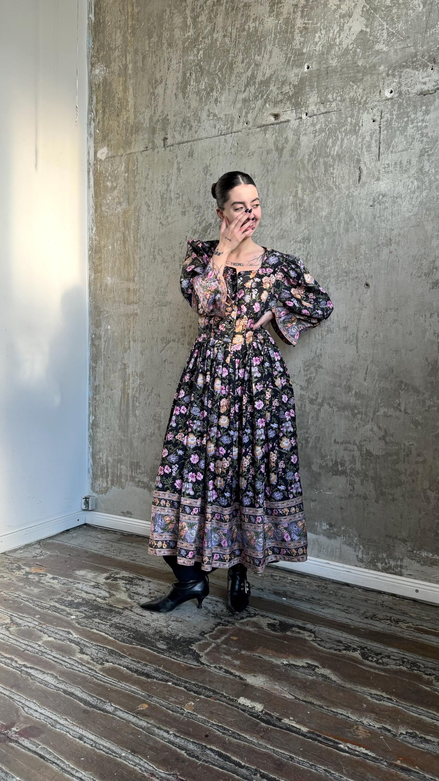 Vintage 90s Maxi Floral Sundress In Black and Pink