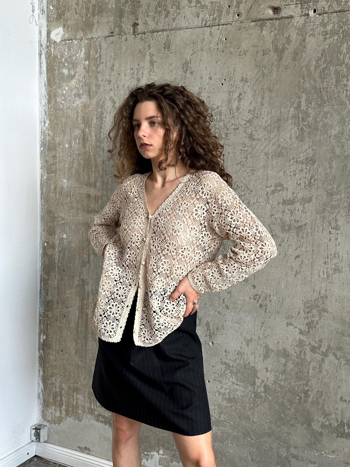 Vintage 90s Crochet Cardigan In Beige
