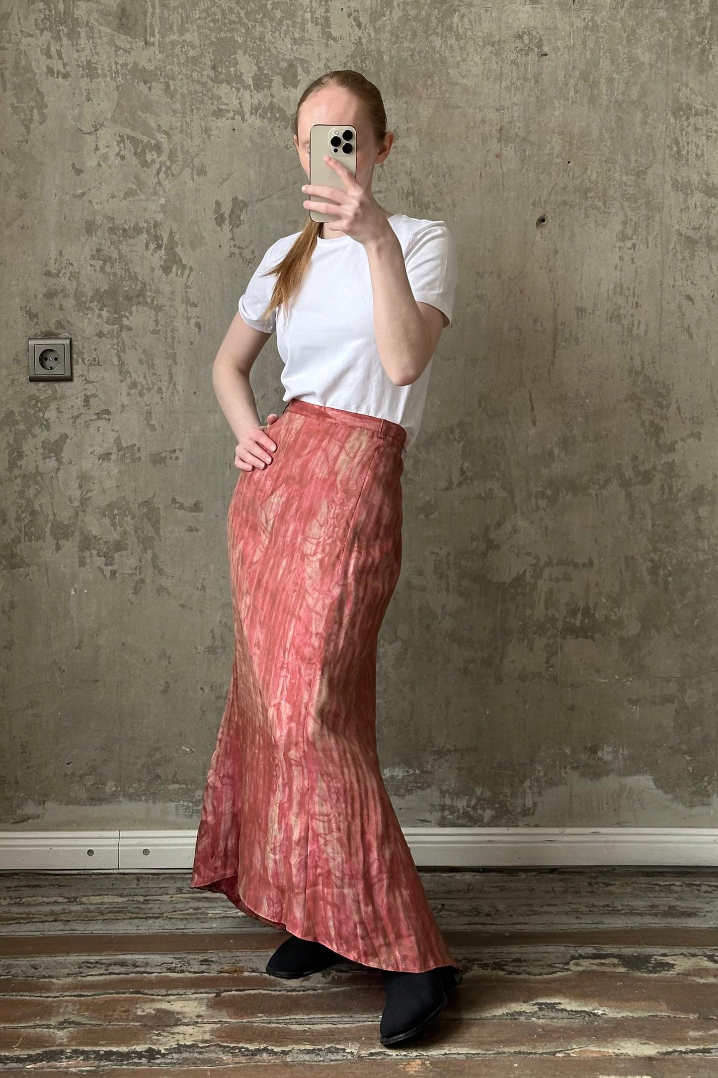 Vintage viscose shiny high-low maxi skirt in red