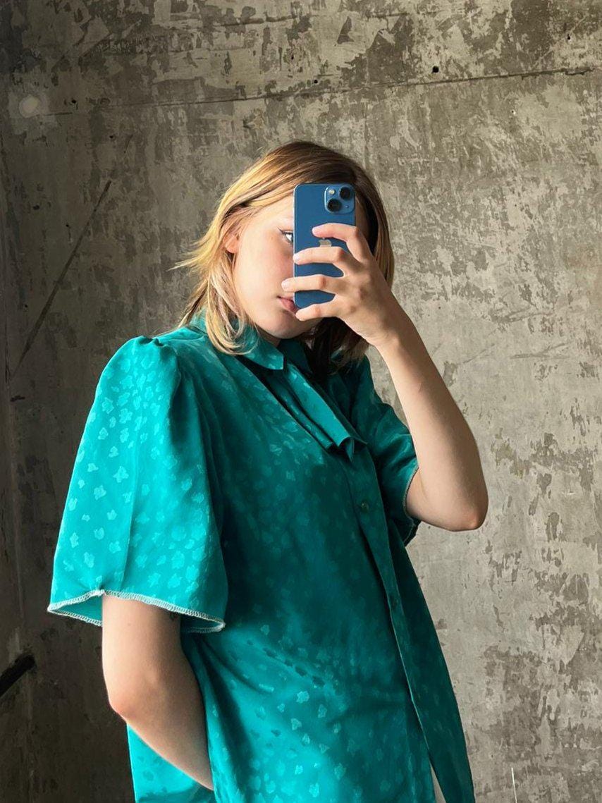 Vintage 80s tie collar blouse in teal blue