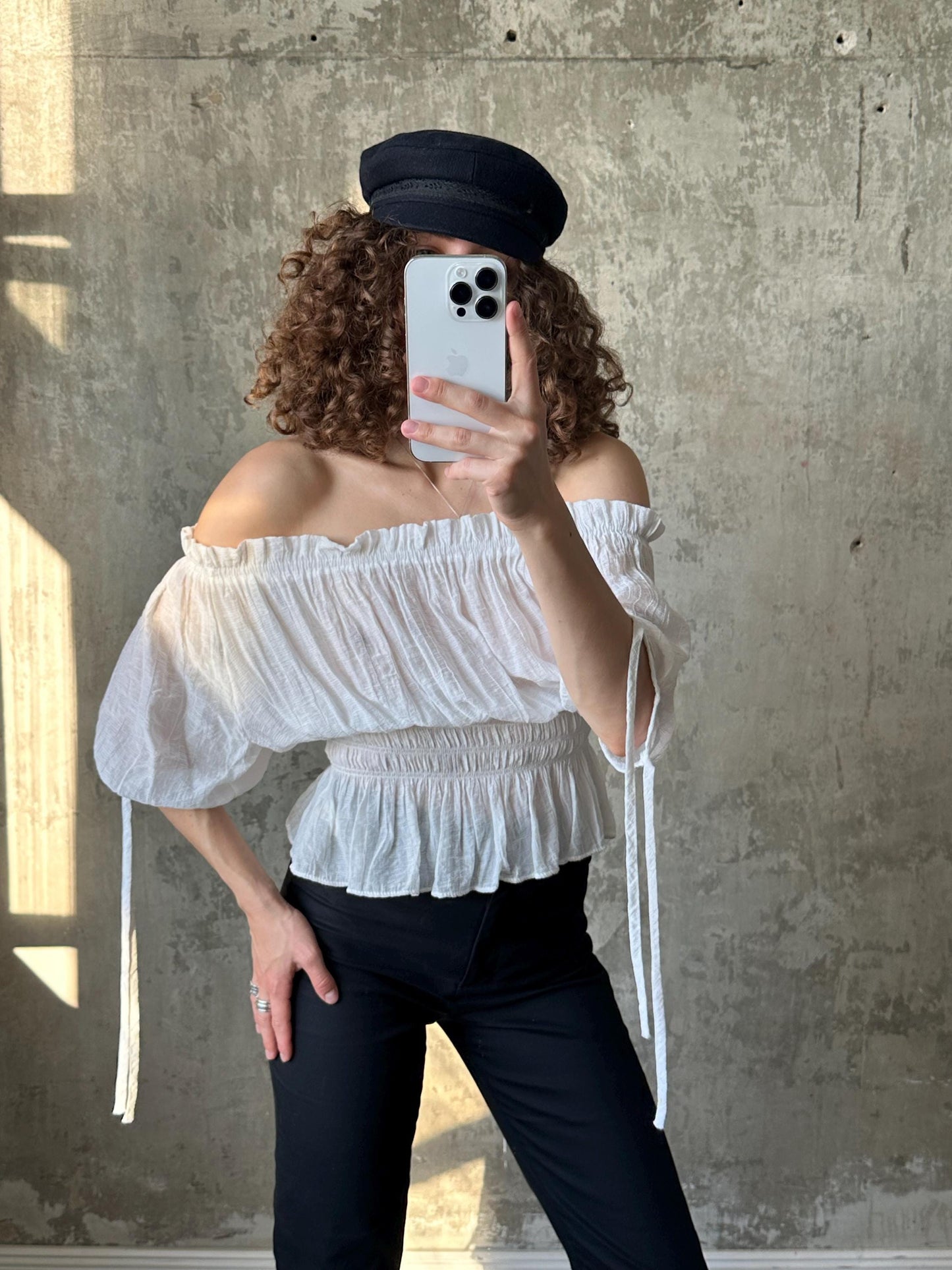 Vintage off-the-shoulder light blouse in white