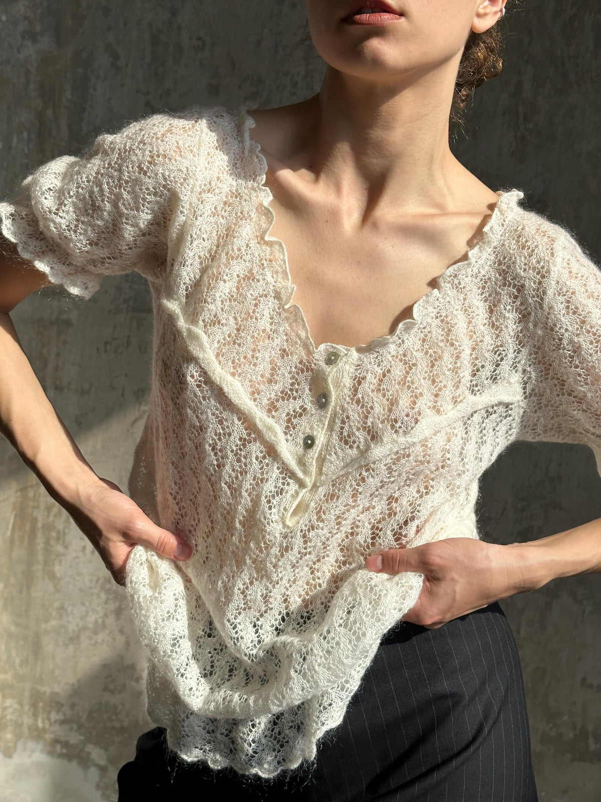 Vintage Mohair Romantic Ruffle Top in White I Sheer Knitted Top