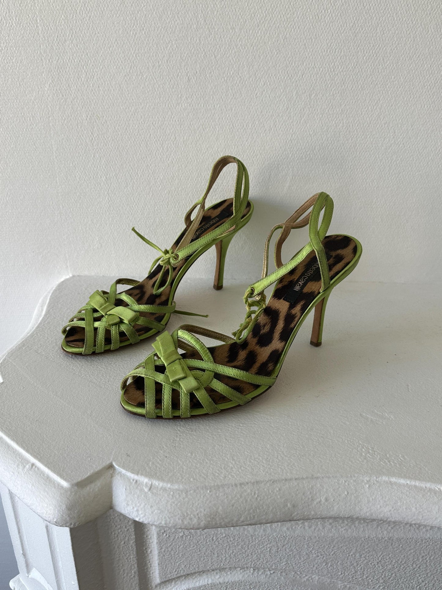 Roberto Cavalli Lime Green Metallic Satin Strappy Heels I EU 38