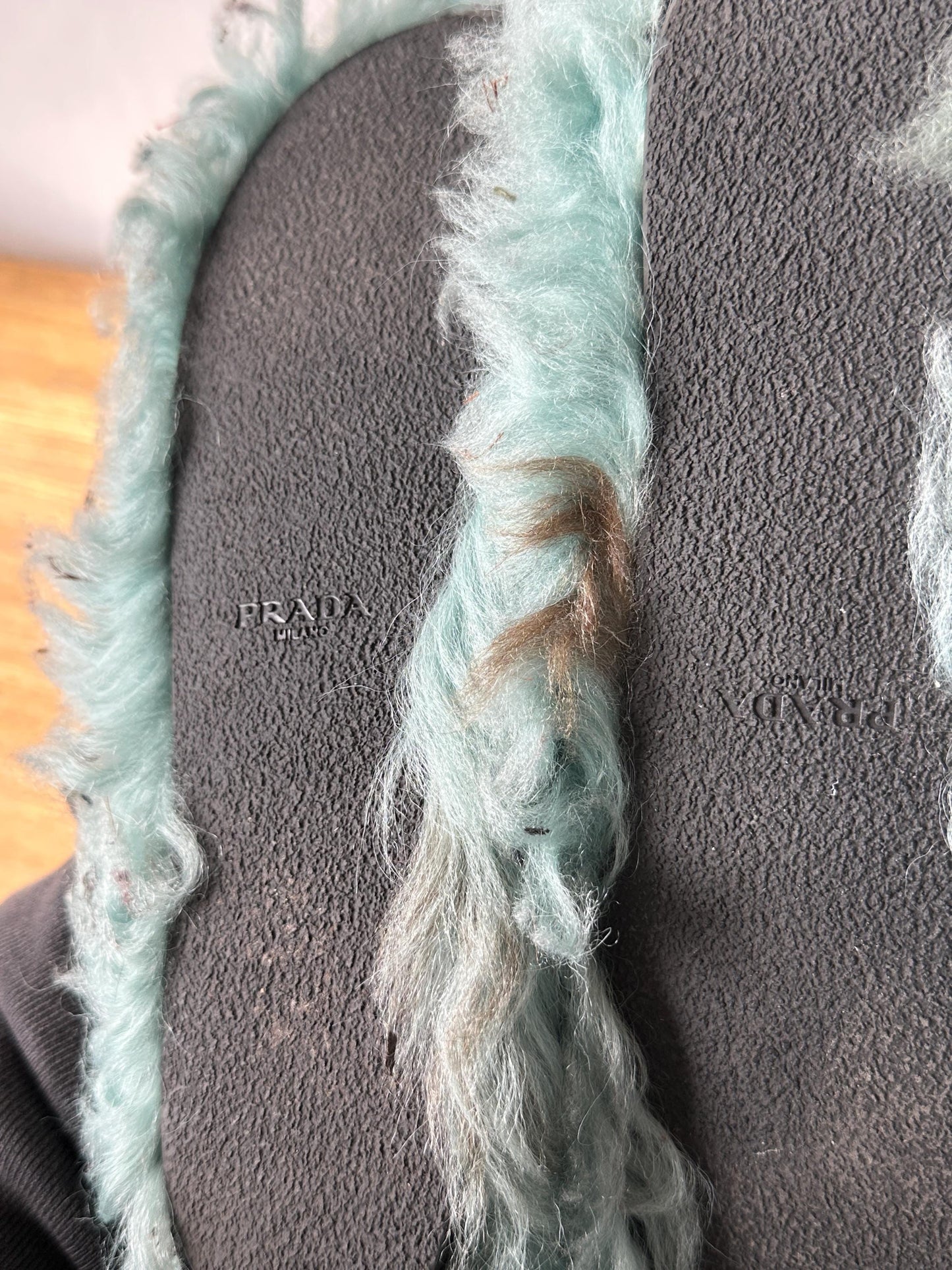 Vintage Prada Milano Shearling Fur Slipper | Mint Green & Black Furry Slides | US 6