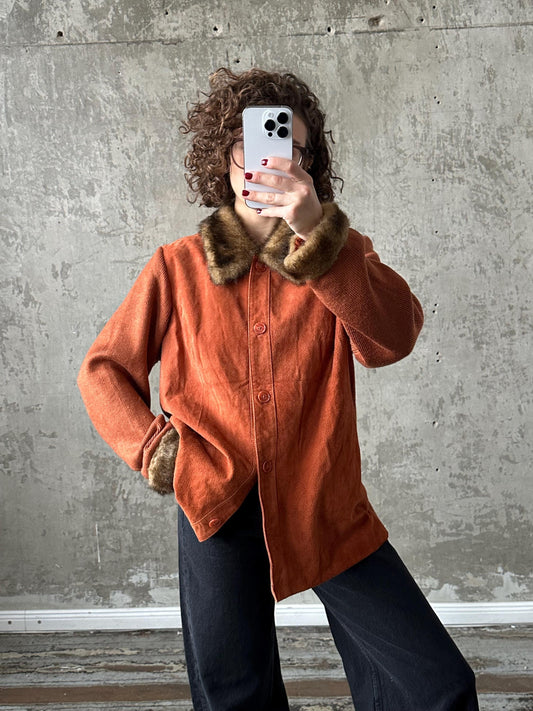 Vintage 90s burnt orange leather jacket with fur collar