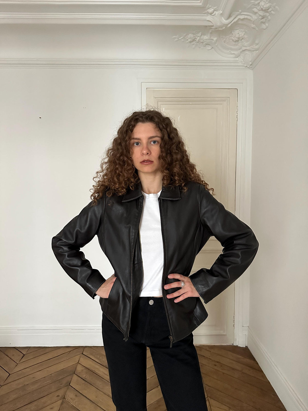 Vintage 90s Dark Brown Zip Boxy Leather Jacket