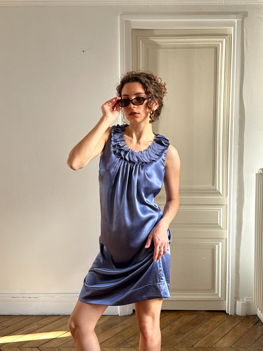Vintage Petal Ruffle Silky Cocktail Dress in Lilac