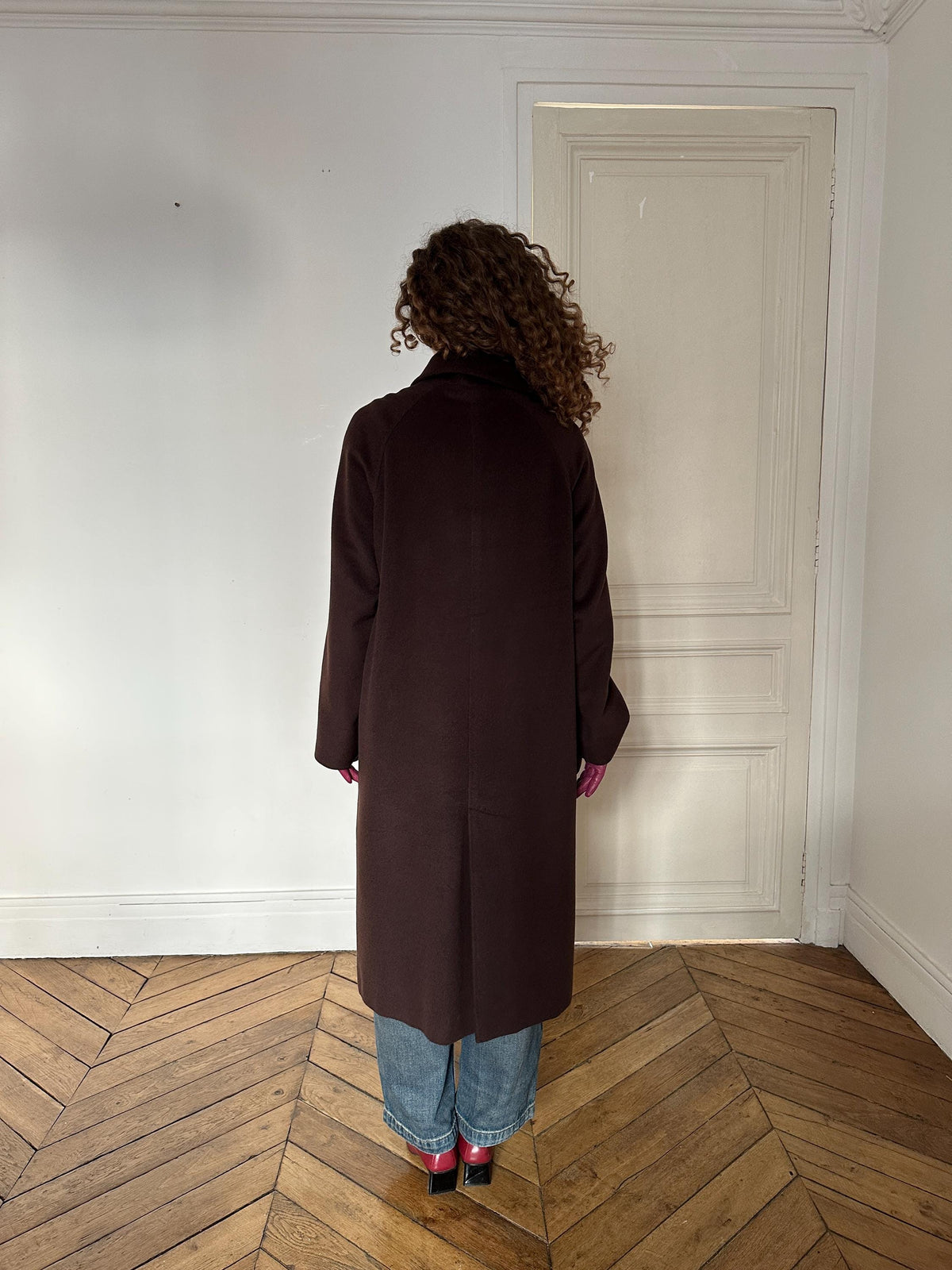 Vintage Les Copains Long Wool Angora Cashmere Coat in Chocolate Brown