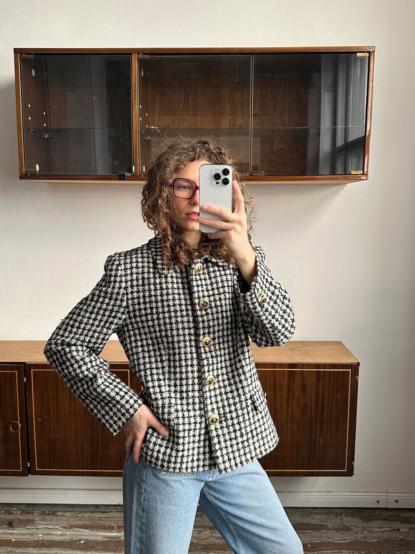 Vintage 80s Checked Tweed Blazer In Black & White