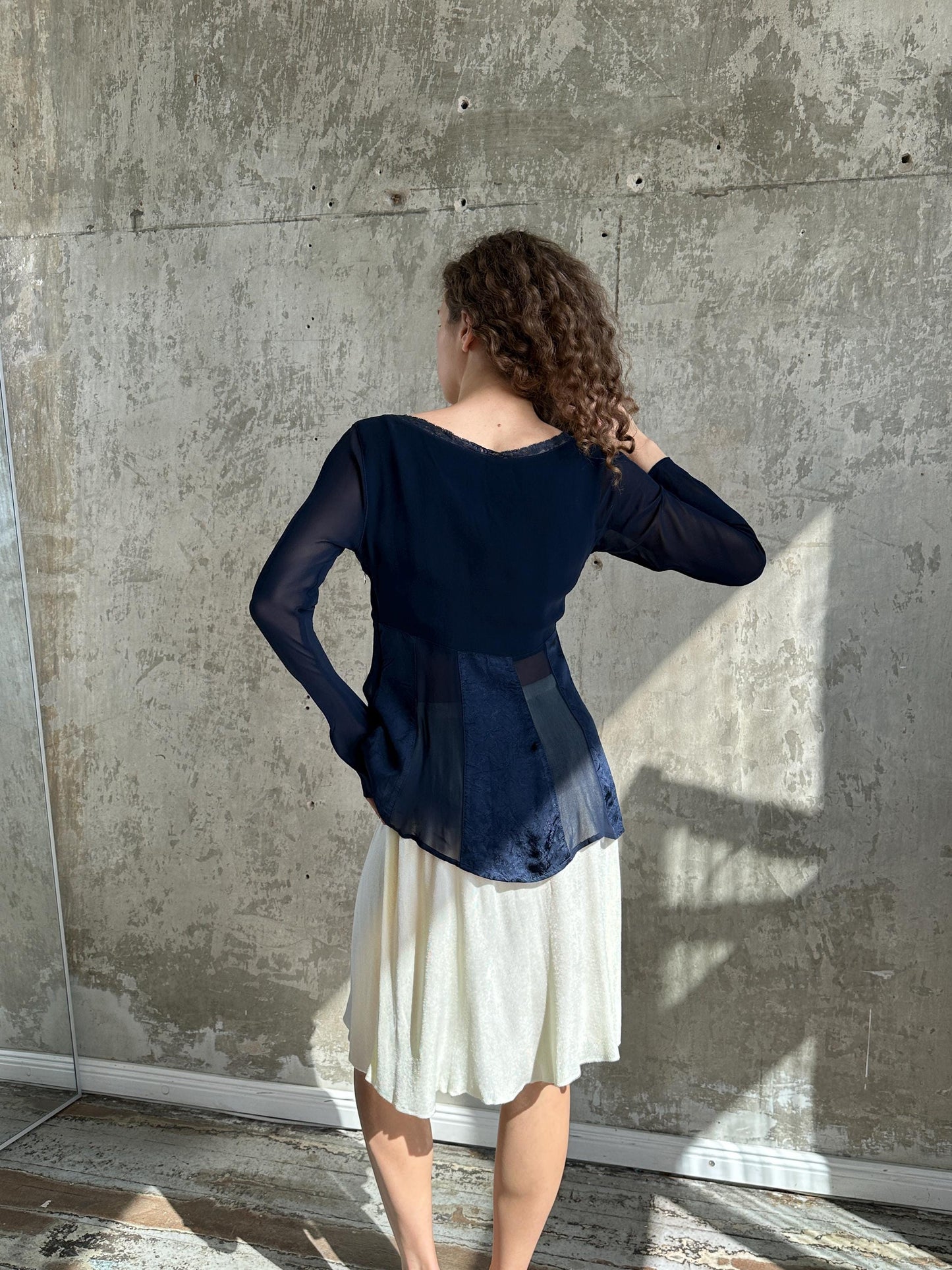 Vintage Navy Blue Sheer Lace Top