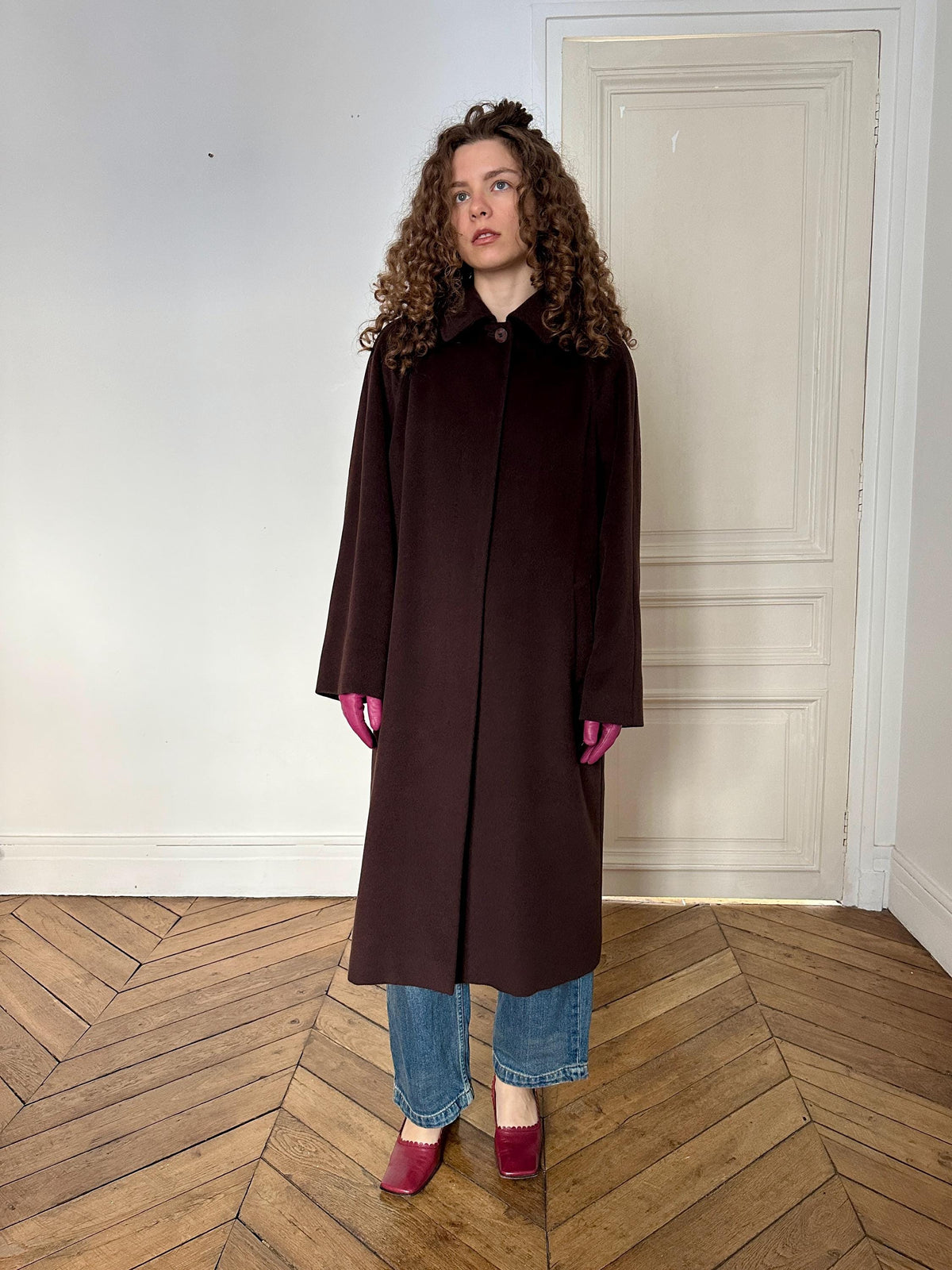 Vintage Les Copains Long Wool Angora Cashmere Coat in Chocolate Brown