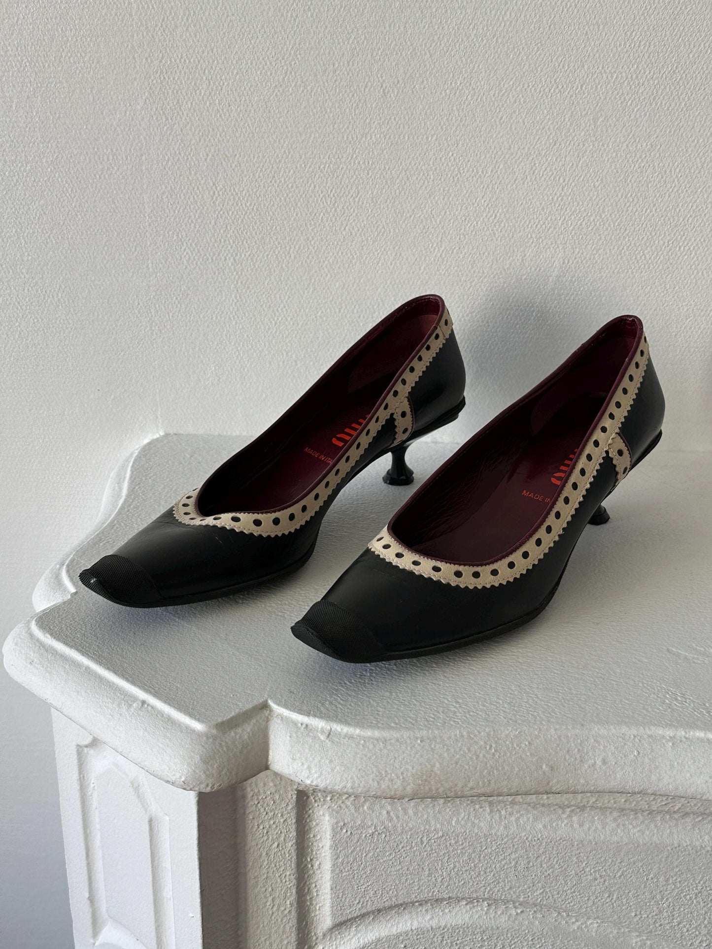 Miu Miu Black & Cream Perforated Leather Kitten Heel Pumps I US 6.5