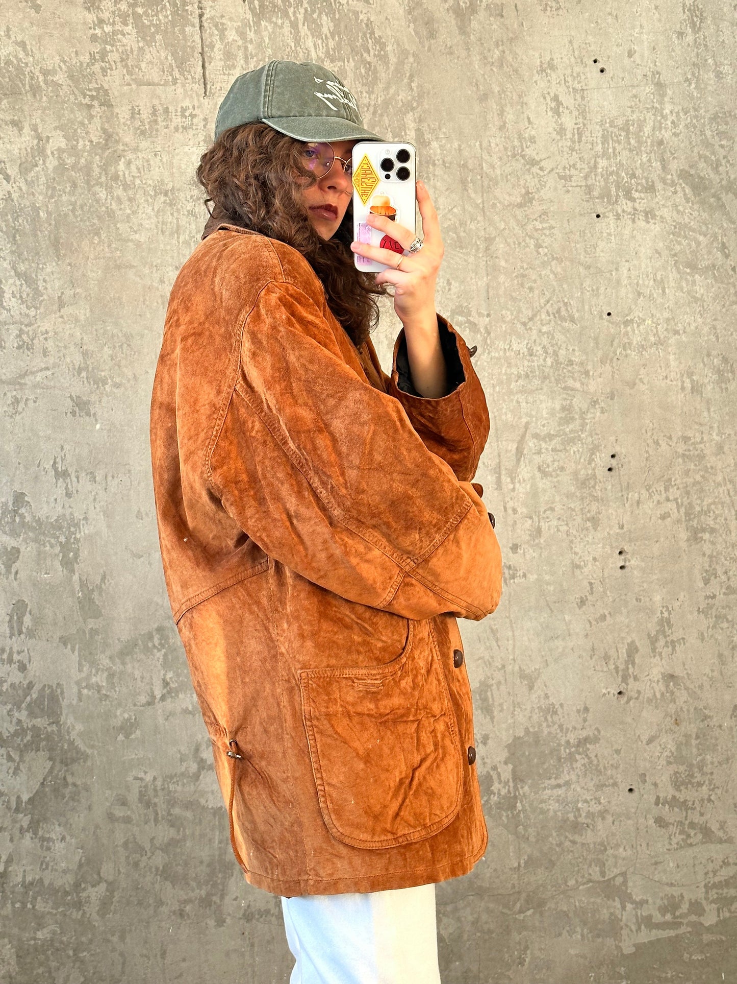 Vintage 90s Suede Leather Bomber Jacket, Brown Oversized Grunge Motorcycle Coat, Genuine Leather, Padded, Wooden Button Closure, Fits XS-M