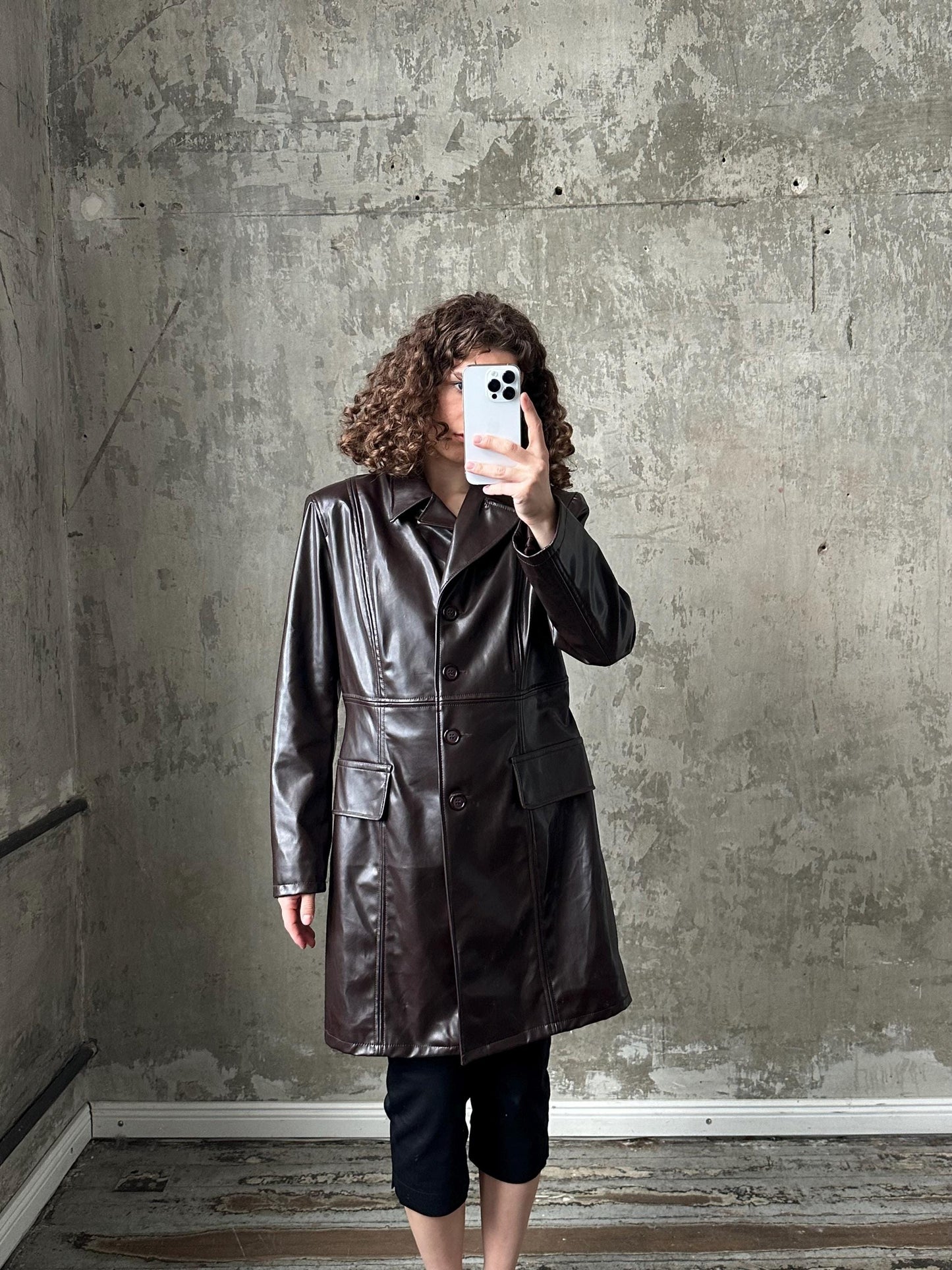 Vintage faux leather coat in dark brown