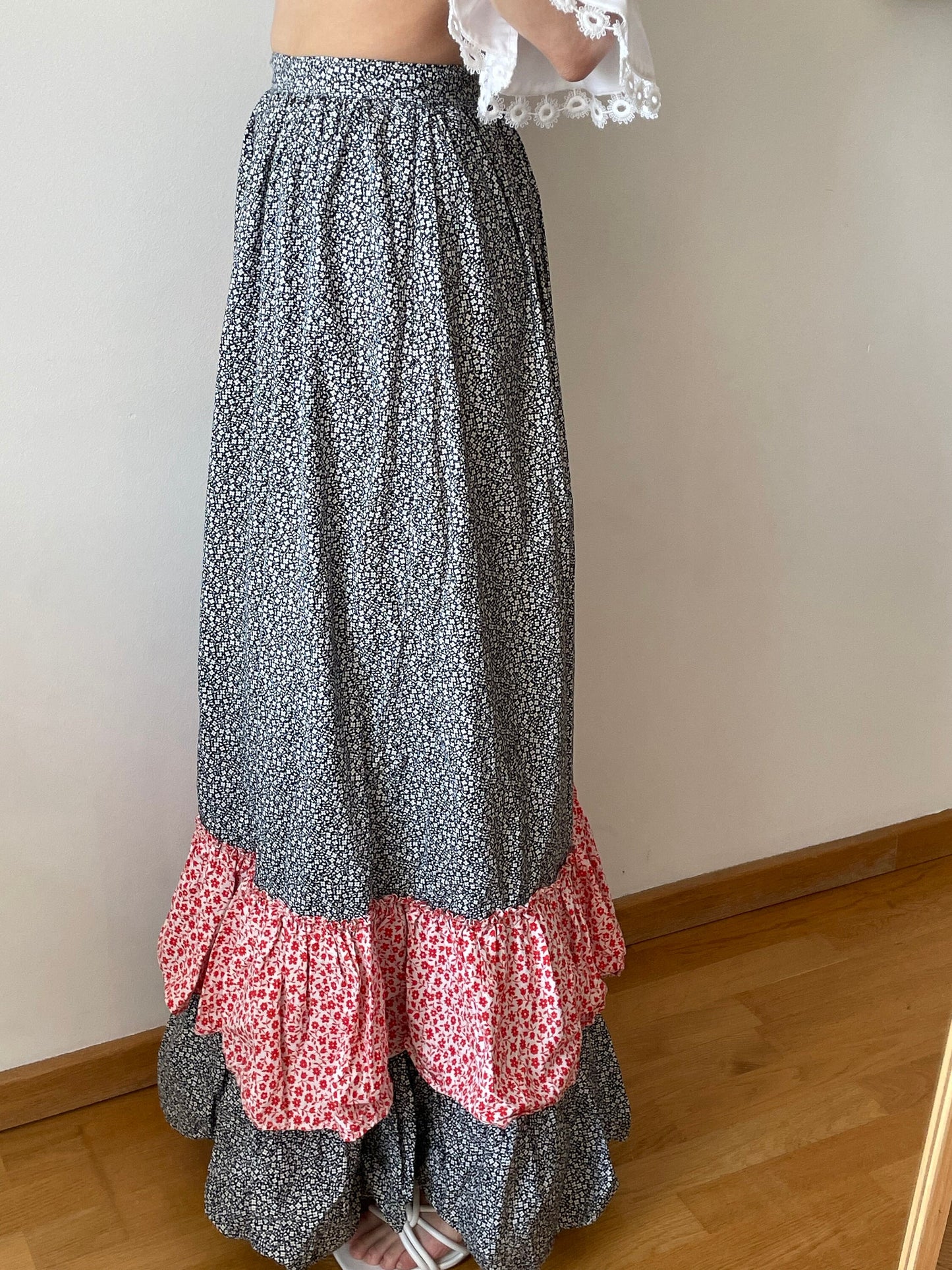 Vintage loose linen skirt, traditional maxi skirt with flowers