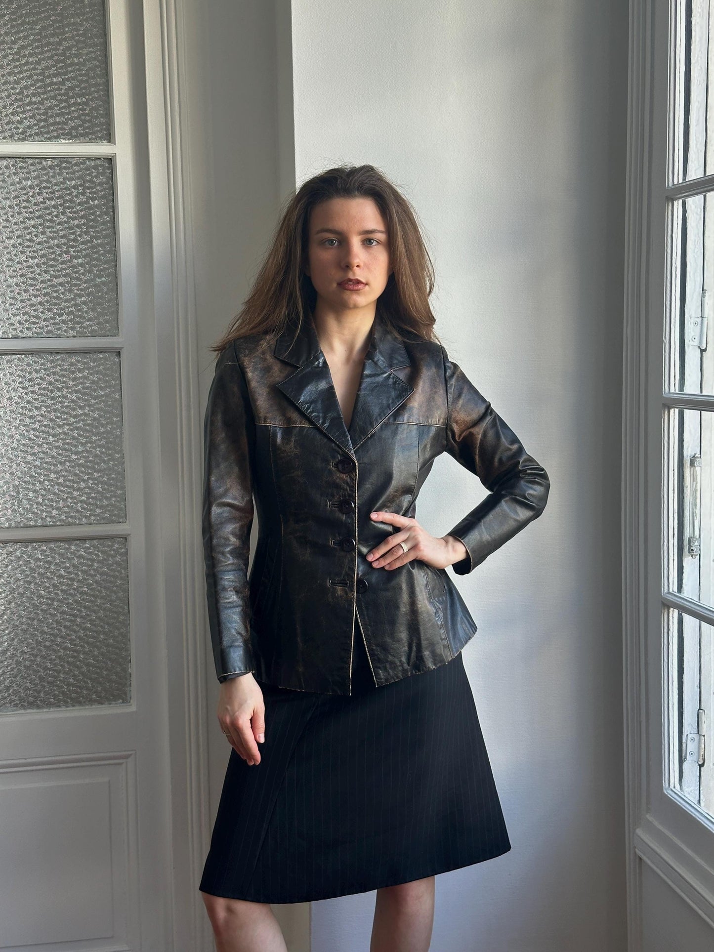 Vintage 90s Burnt Boxy Leather Jacket In Brown
