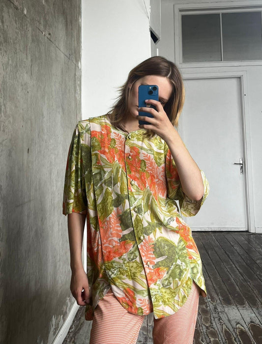 Vintage 80s tropical pattern blouse in green/orange